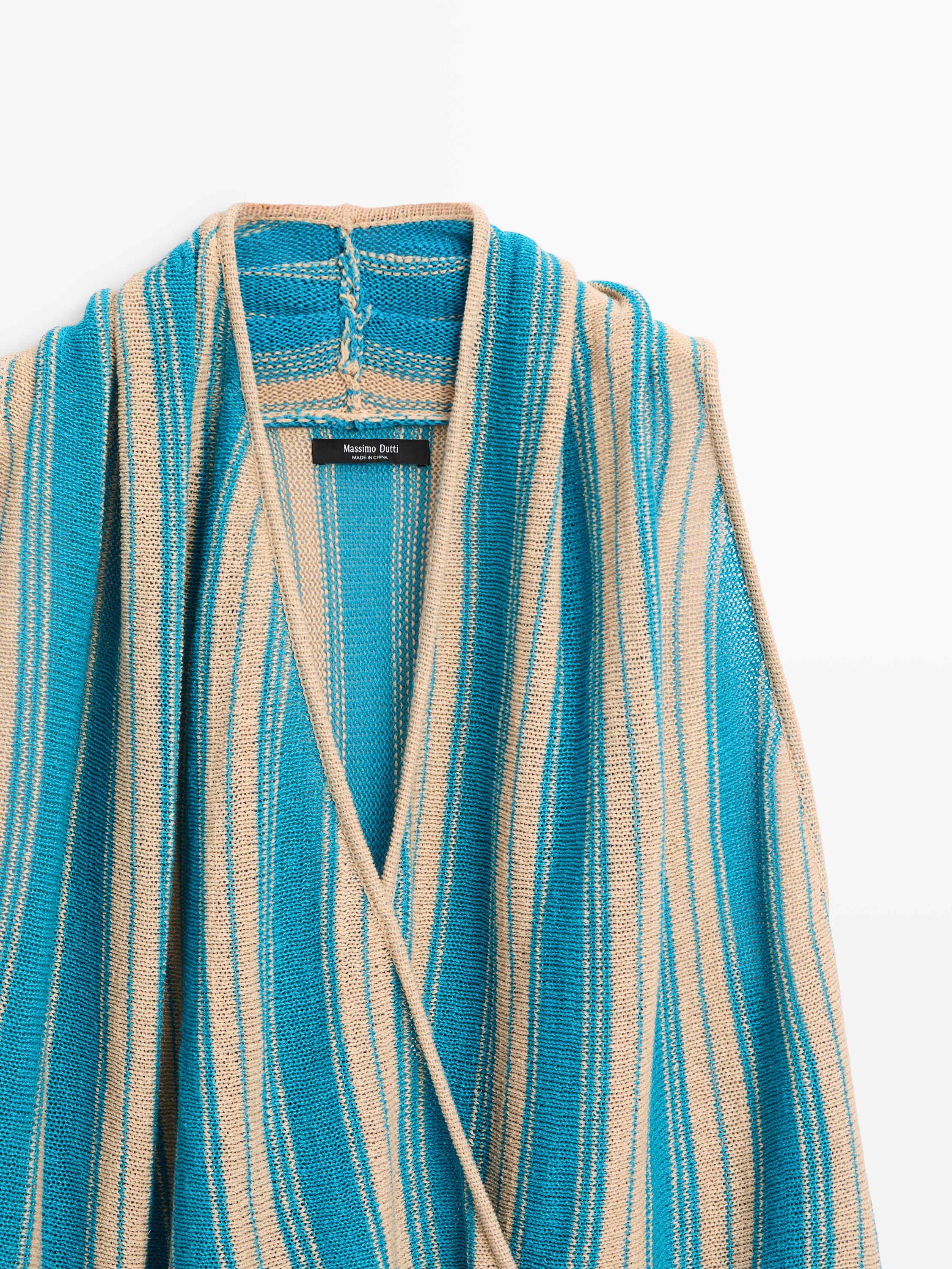Striped linen blend surplice top — TURQUOISE