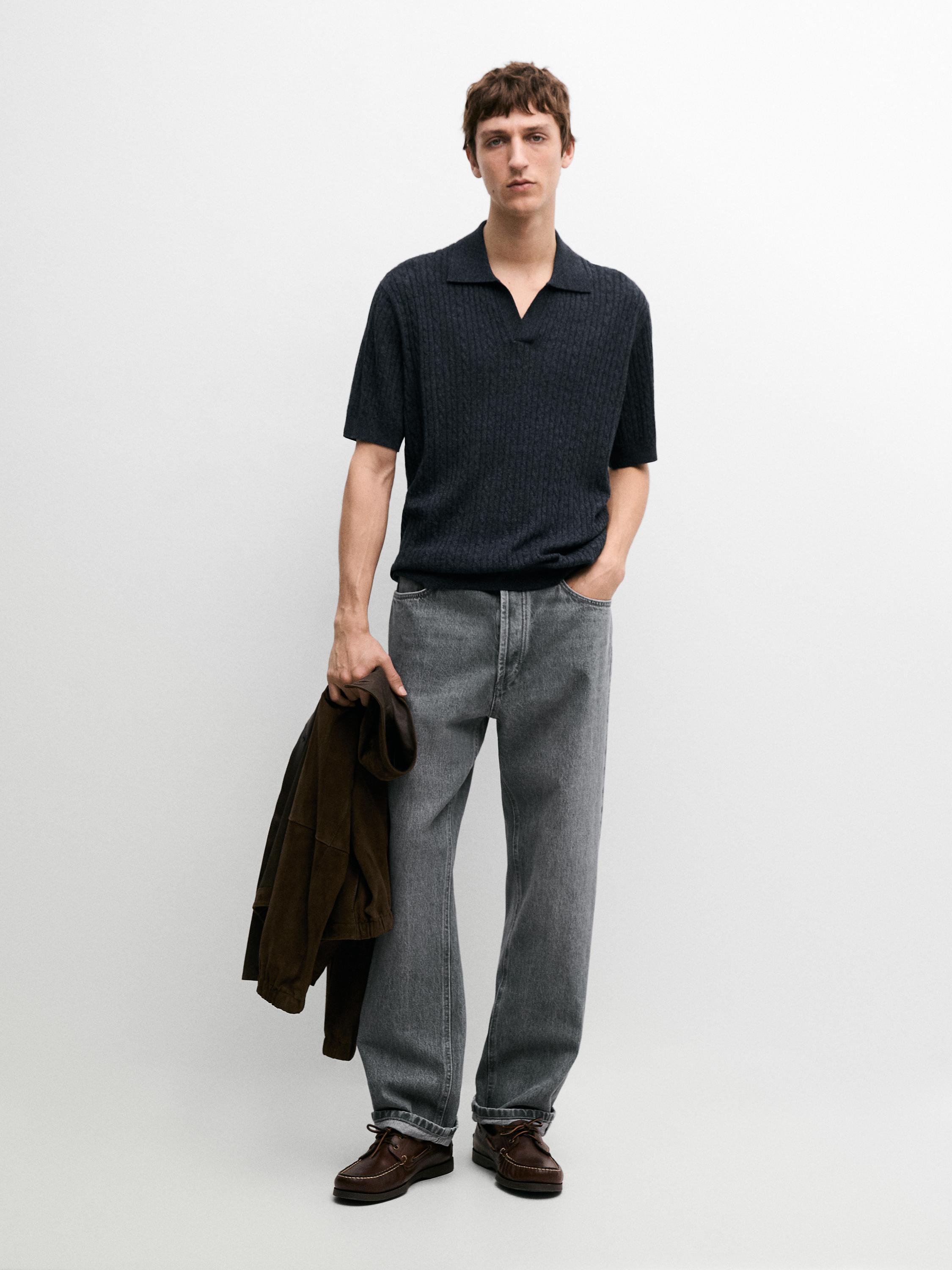 Short sleeve knit polo shirt with cable-knit detail — NAVY BLUE