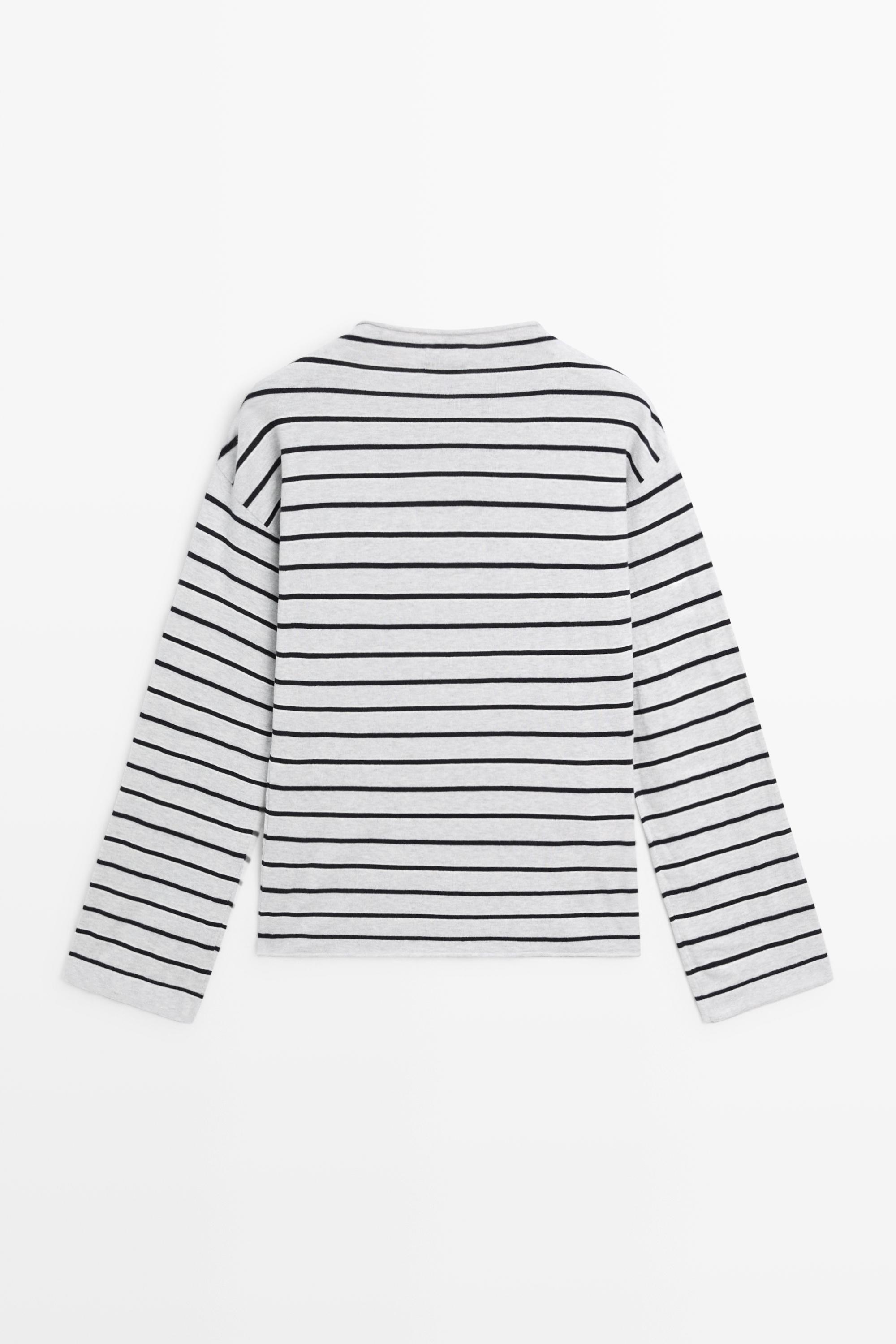 100% cotton striped knit sweater — GREY MARL