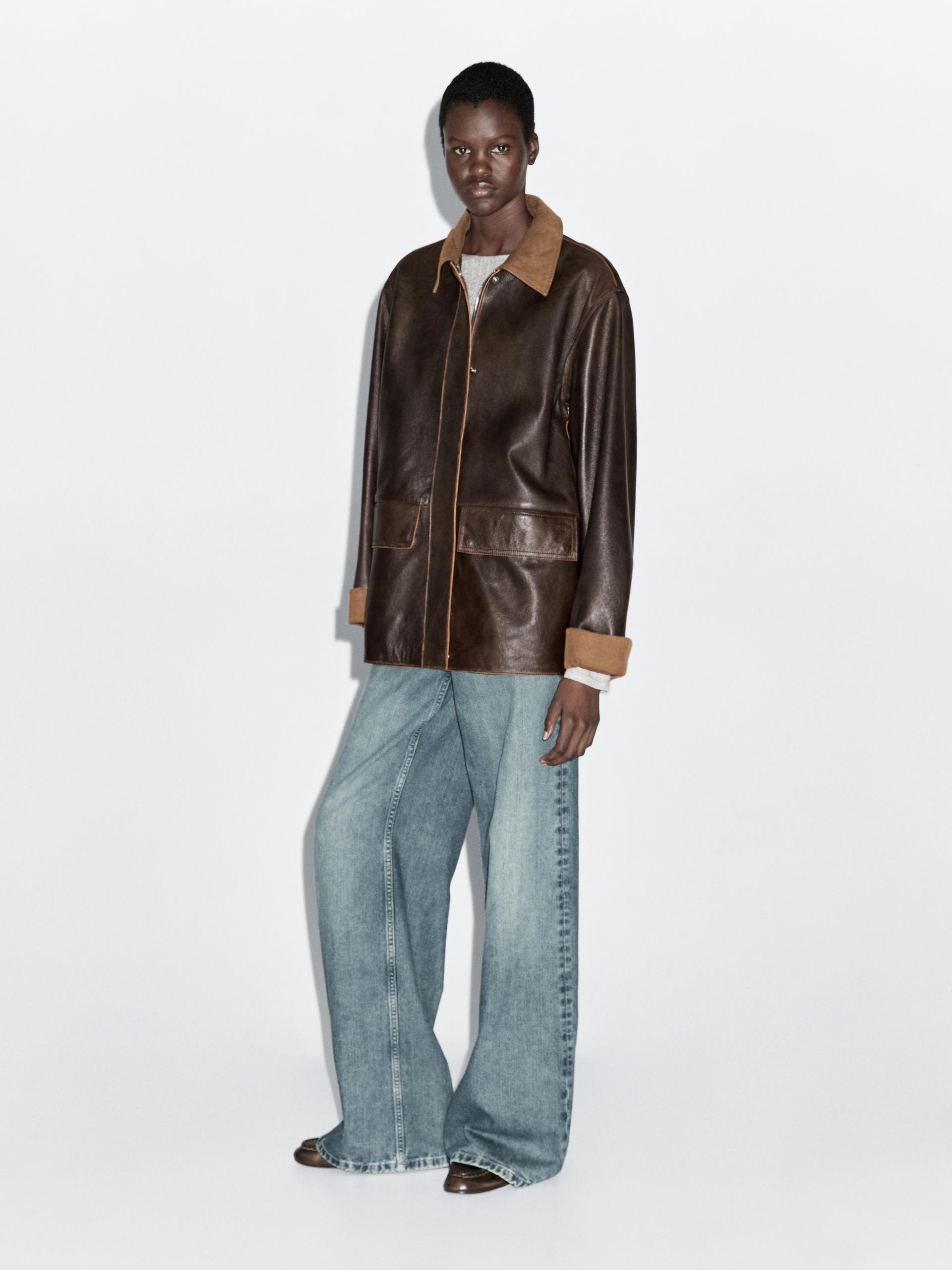 Massimo Dutti Nappa Leather Parka With Corduroy Detail In Multi