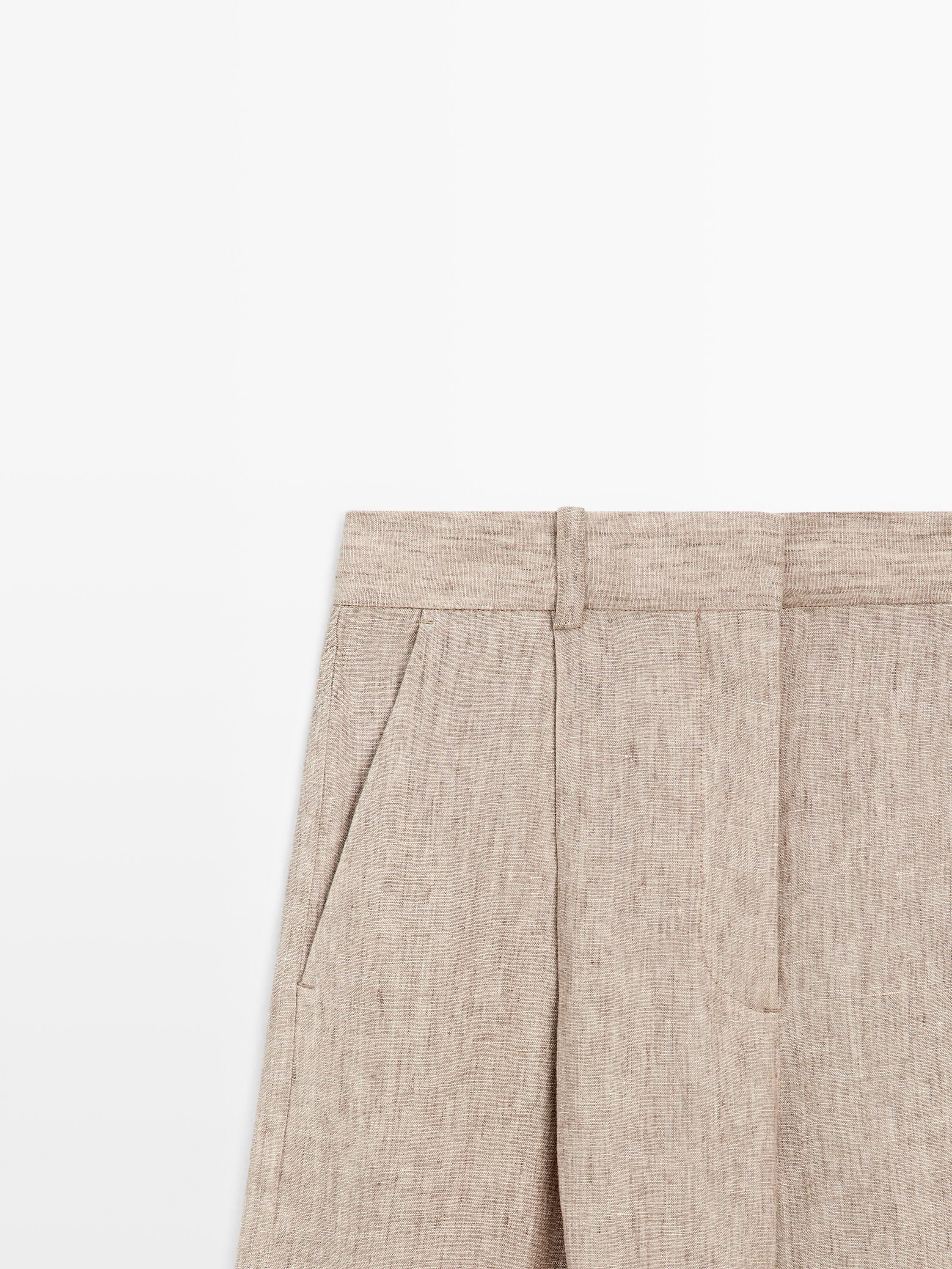 Linen melange trousers with pleated details — BEIGE