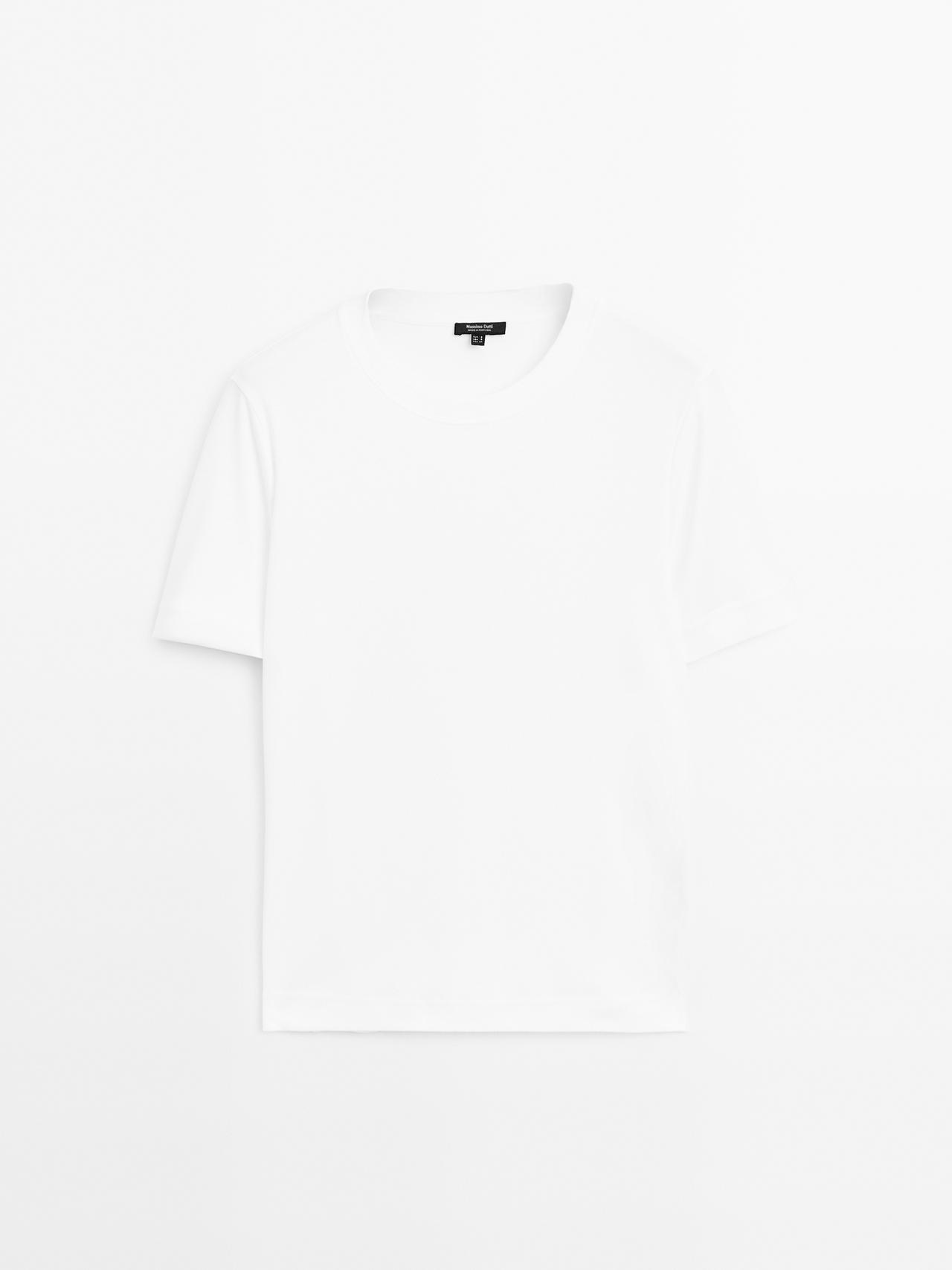 Massimo Dutti - Dame - T-Shirt Med Rund Hals I 100% Bomuld - Råhvid - Xl