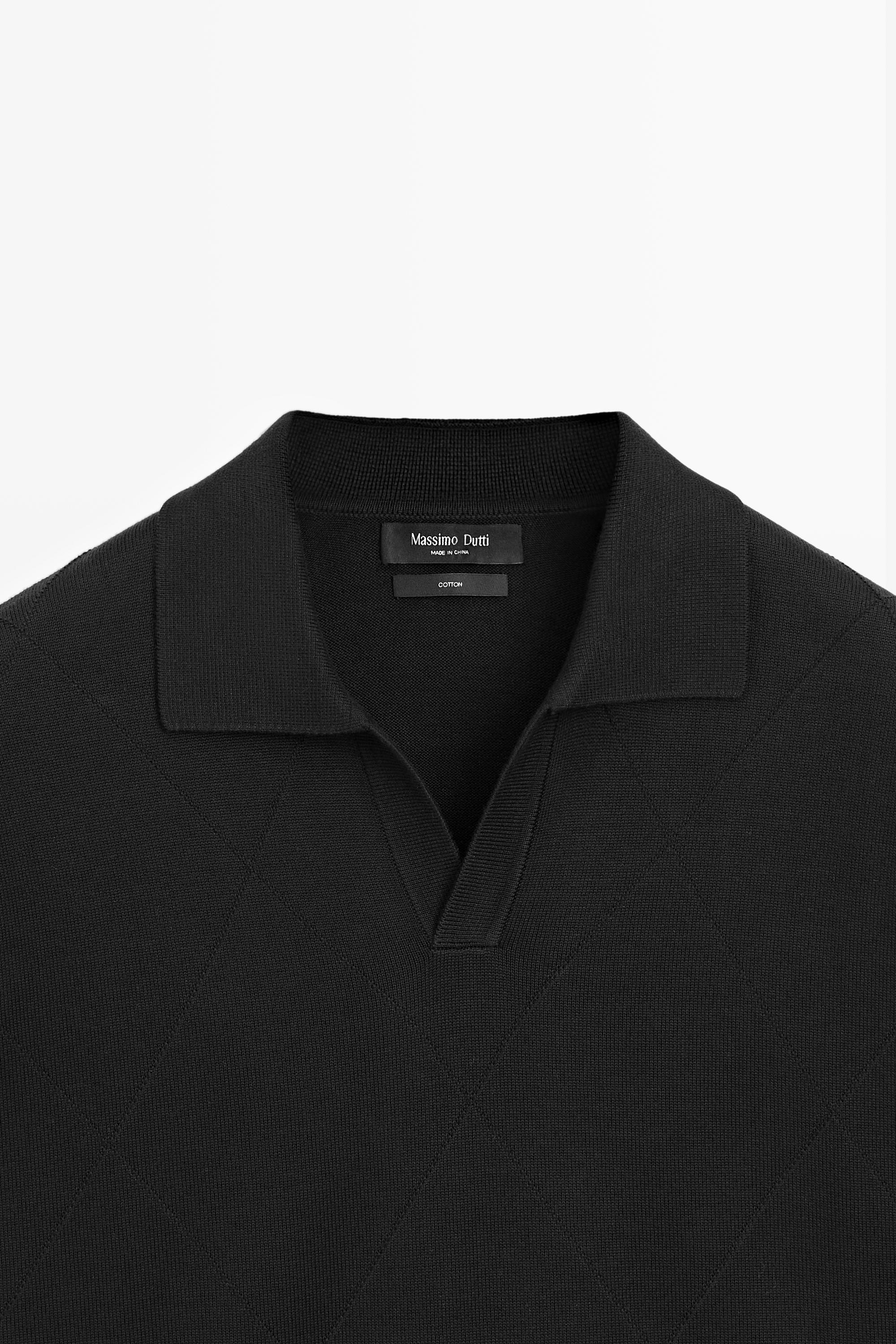 100% cotton intarsia knit polo shirt — BLACK