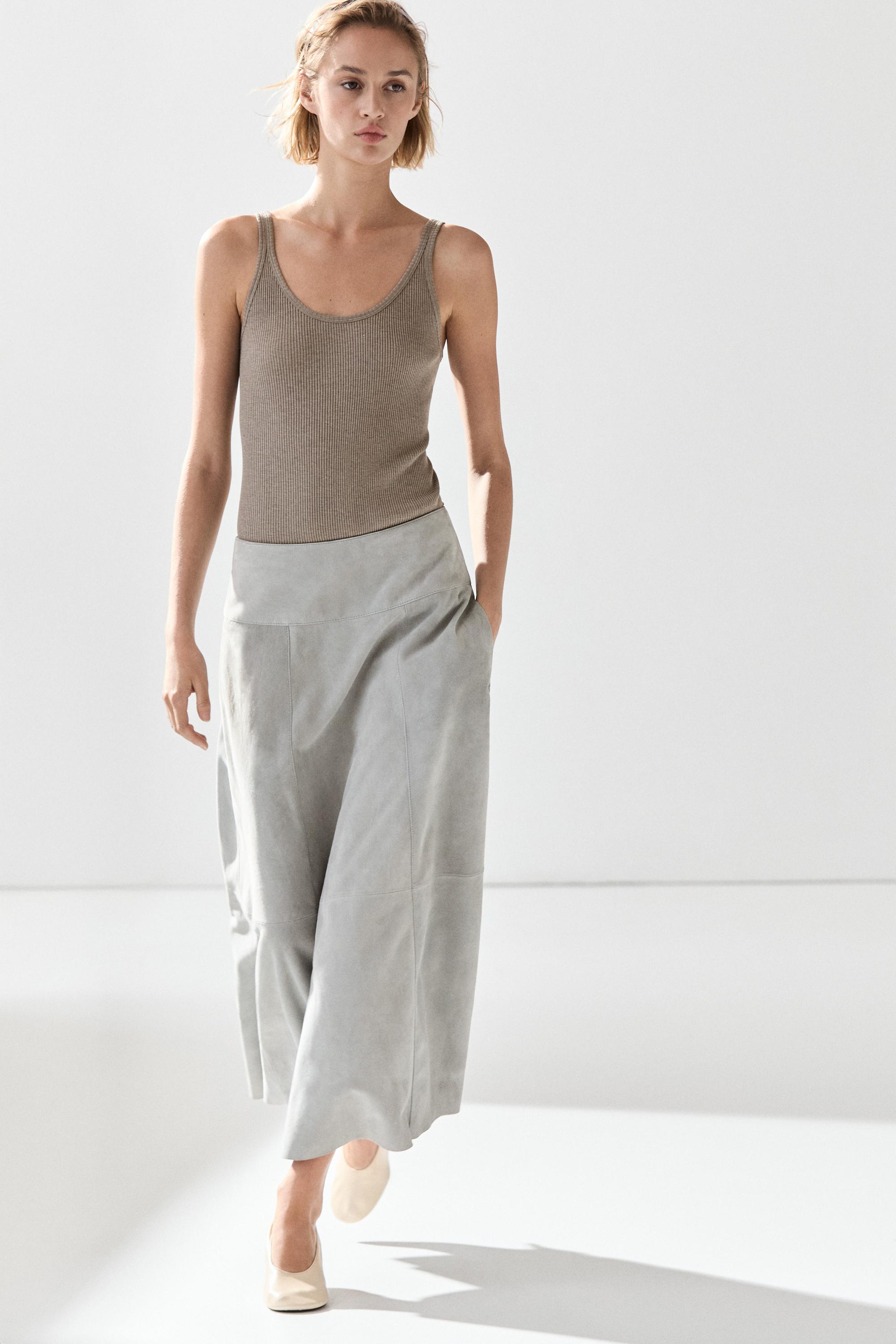 Suede flared midi skirt with sash — BLUISH GREY