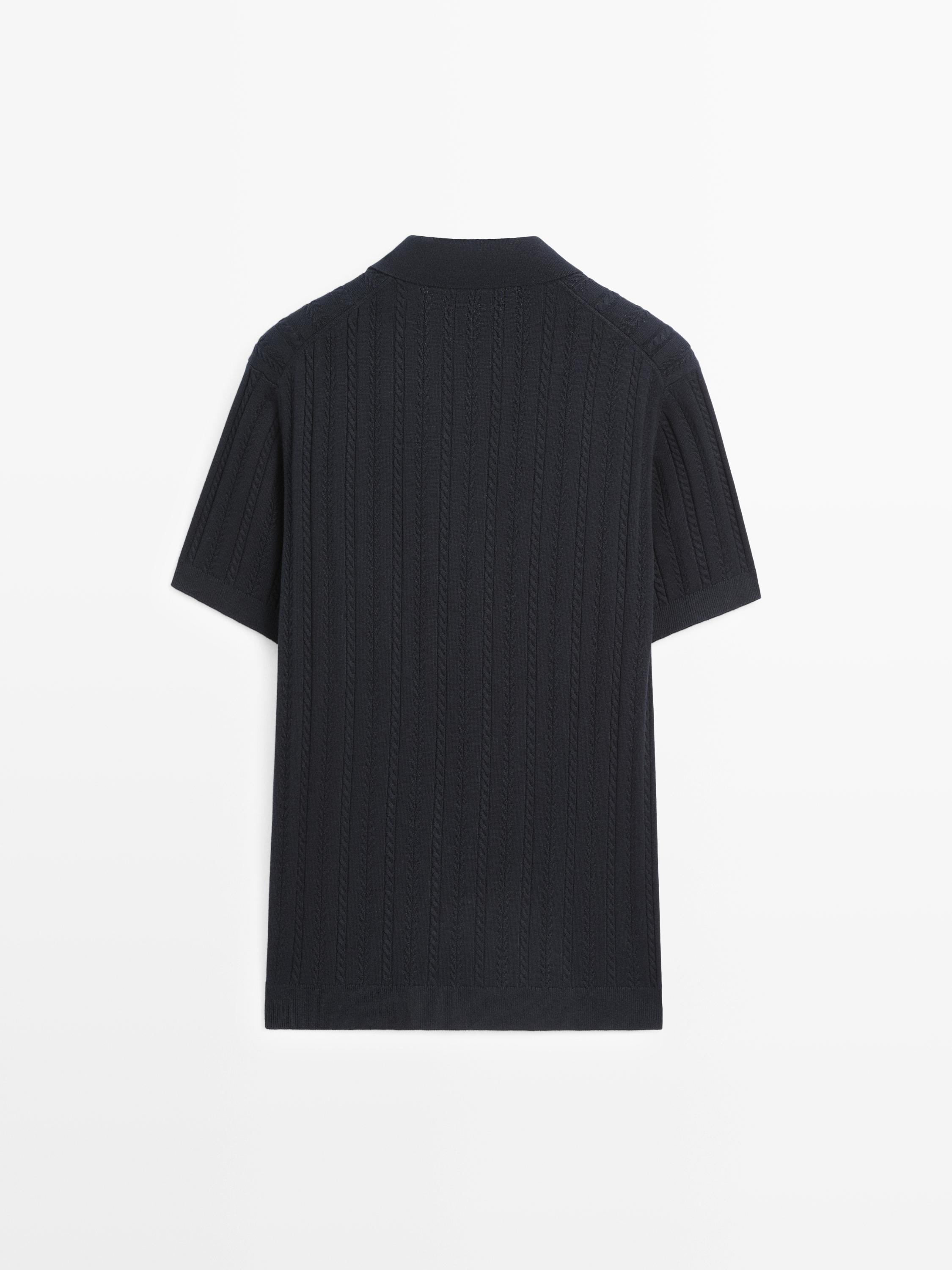 Cotton blend cable-knit polo sweater — NAVY BLUE