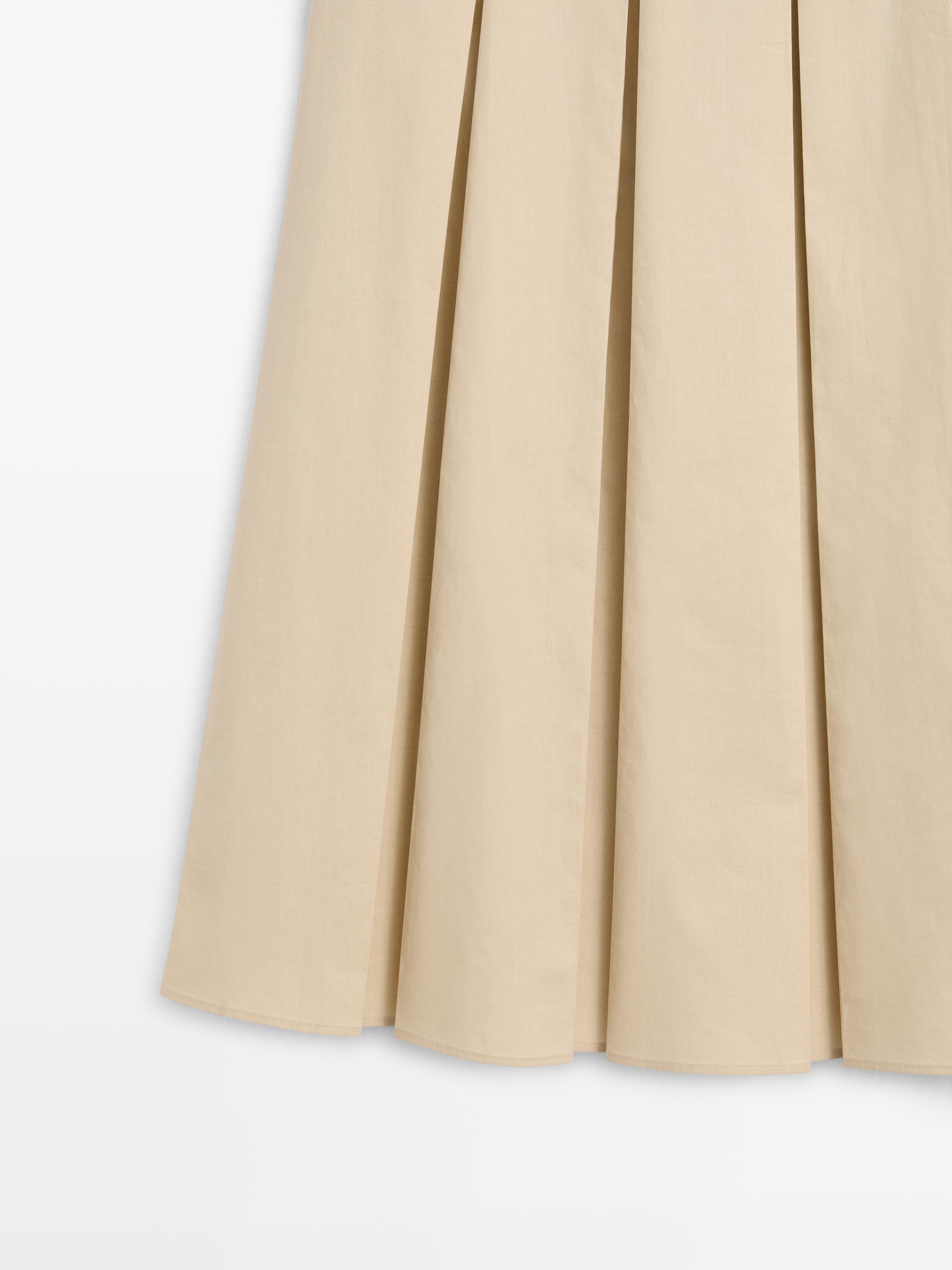 Cotton box pleat midi skirt — SAND