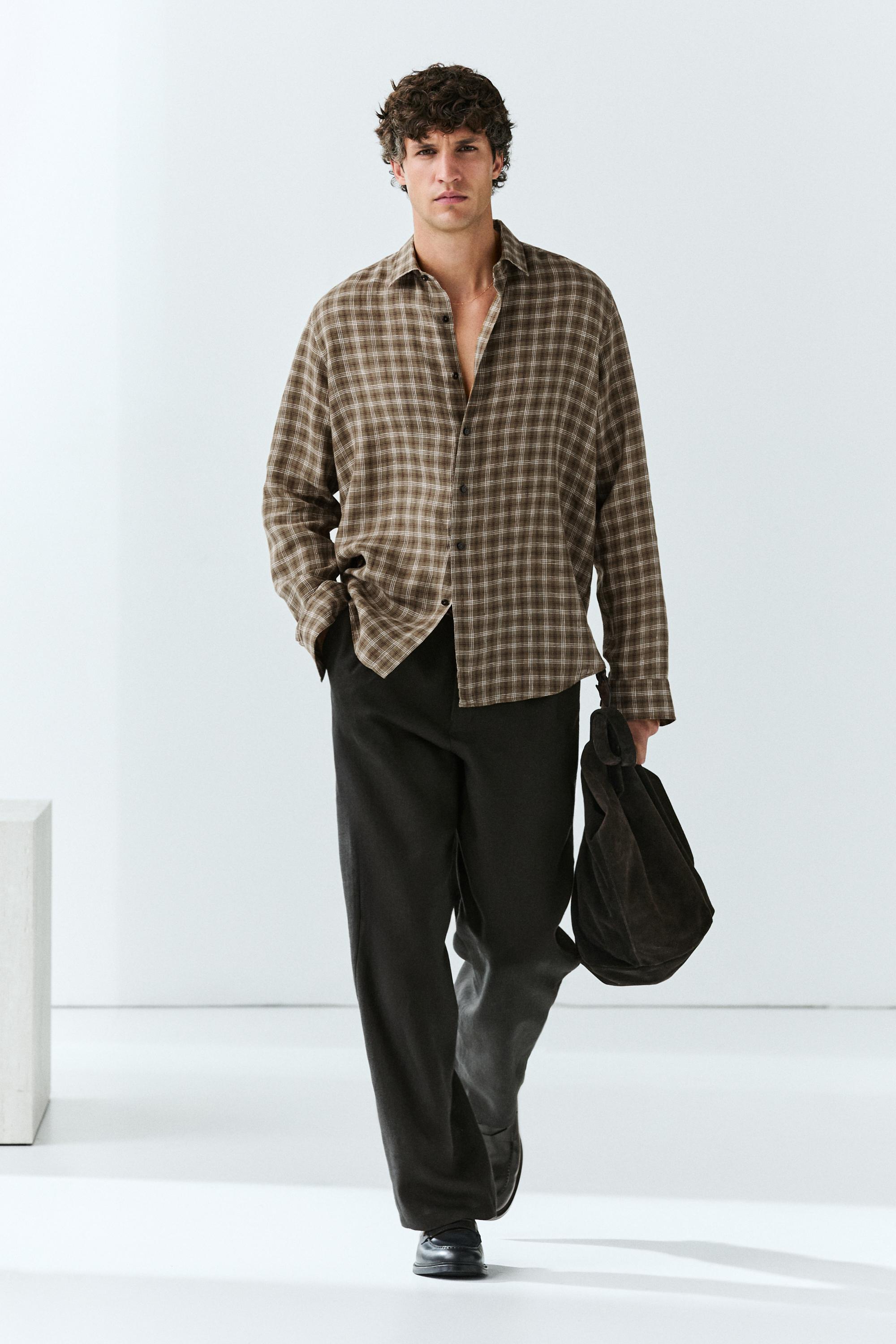 100% linen regular fit check shirt — BROWN MARL