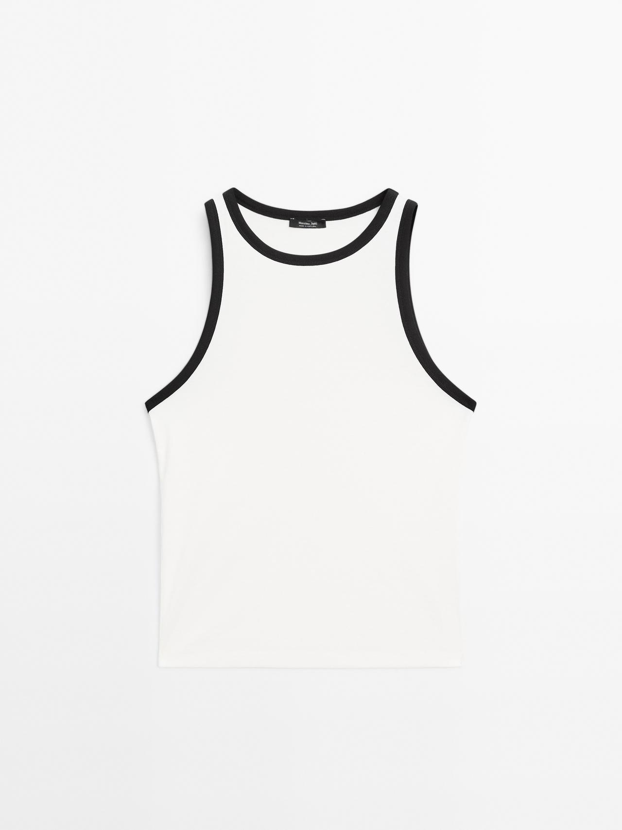 Massimo Dutti - Dame - Halternecktop I 100 % Bomuld Med Kontrastdetalje - Råhvid - M