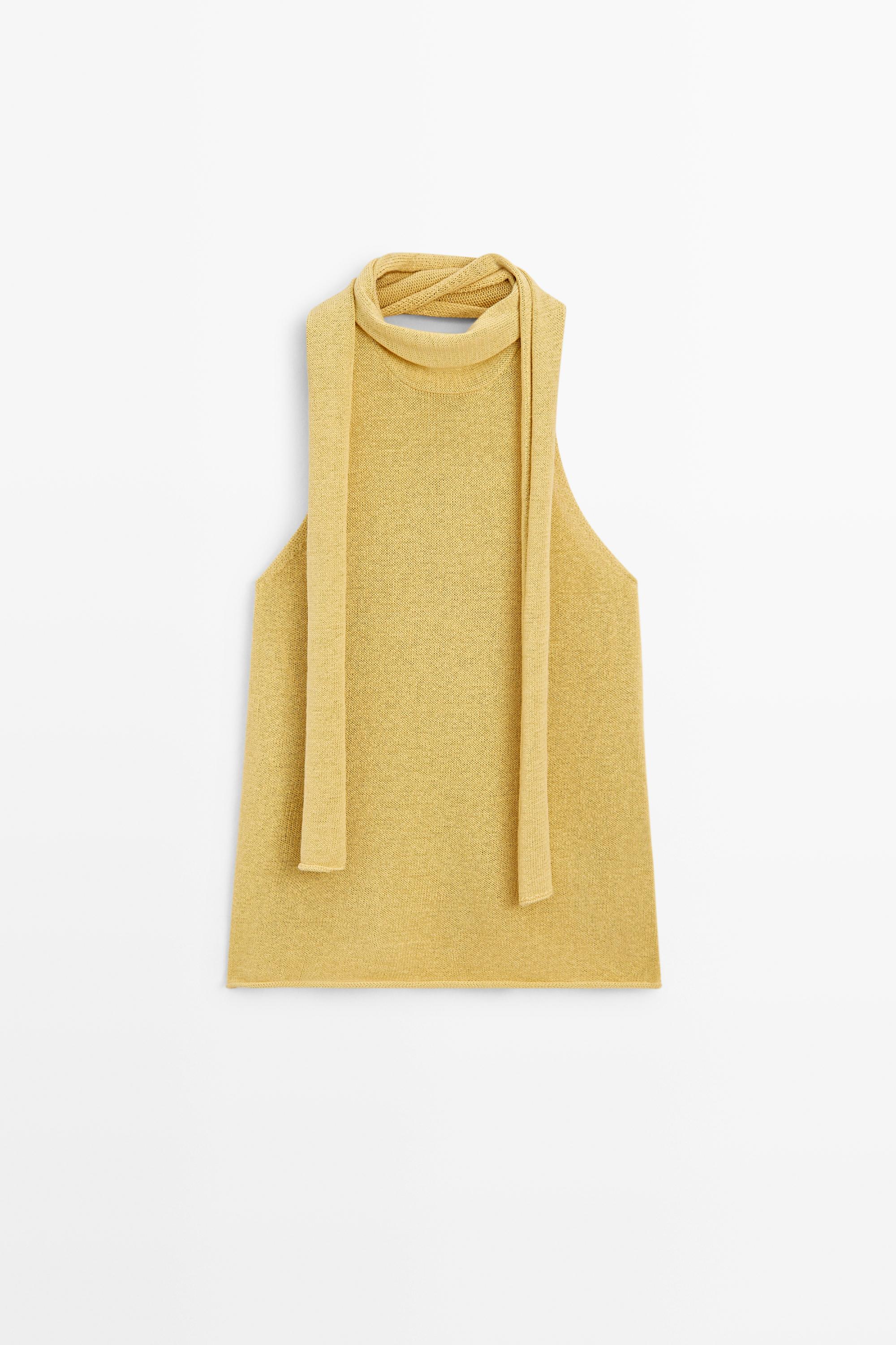 Linen blend halter top with tie detail — LIME