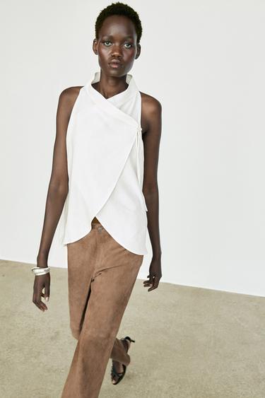 Flowing linen halter crossover top — WHITE 3