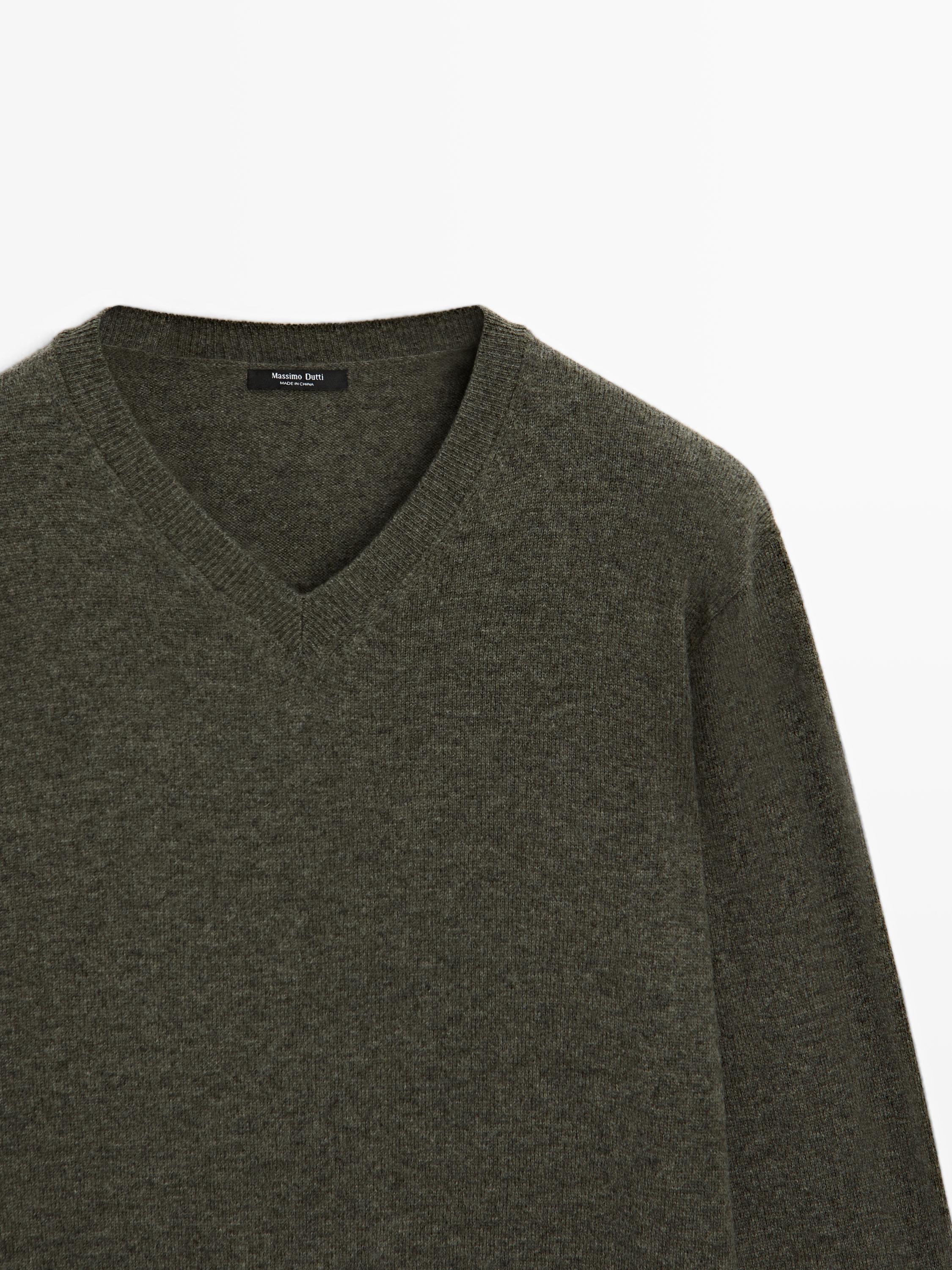 Wool blend knit V-neck sweater — GREEN MARL