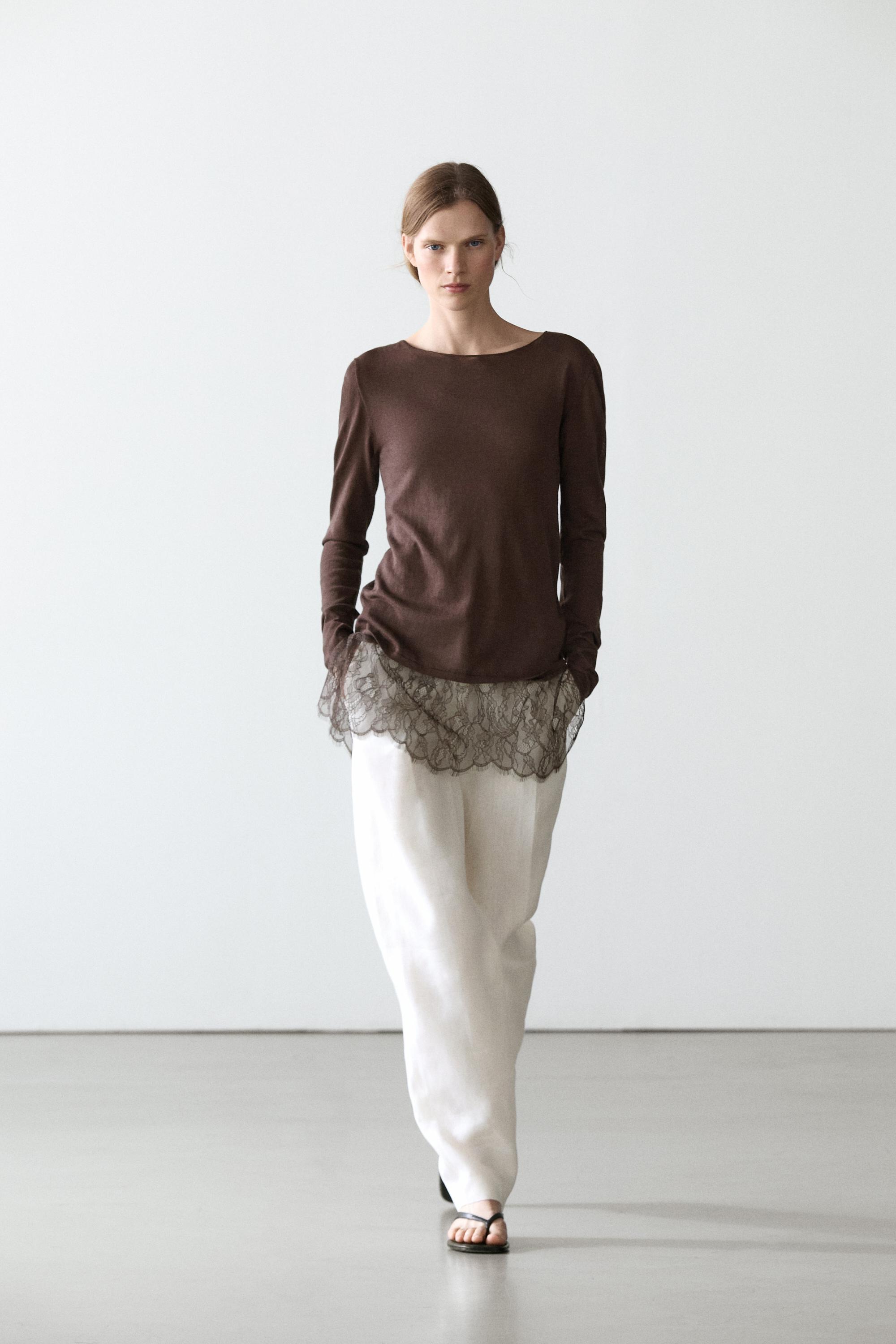 Long sleeve T-shirt with lace detail — BROWN