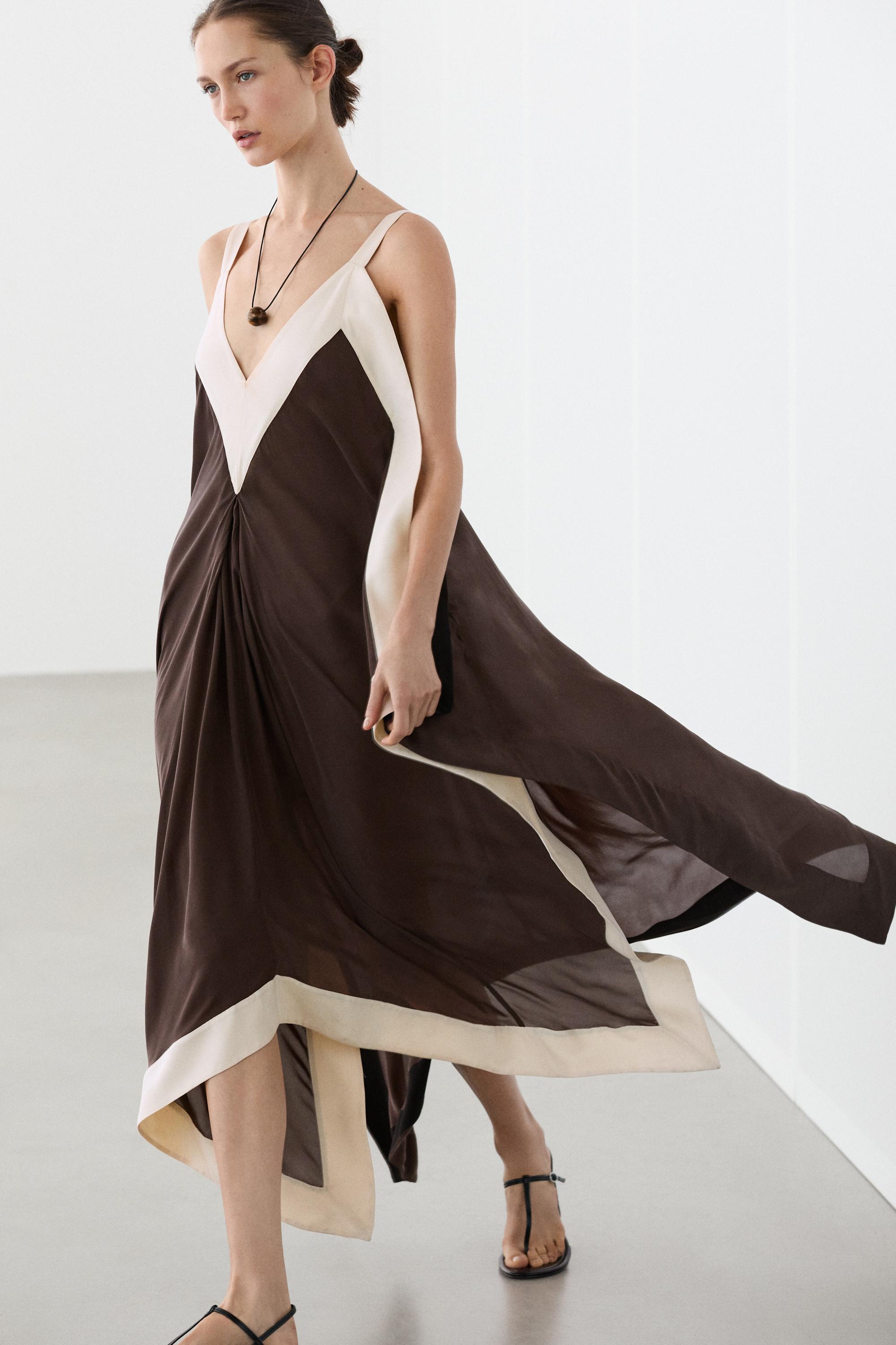 white and brown dress Once In My Dreams Maxi - adding a charming touch to its playful silhouette Mocha Brown Lace Balloon Sleeve