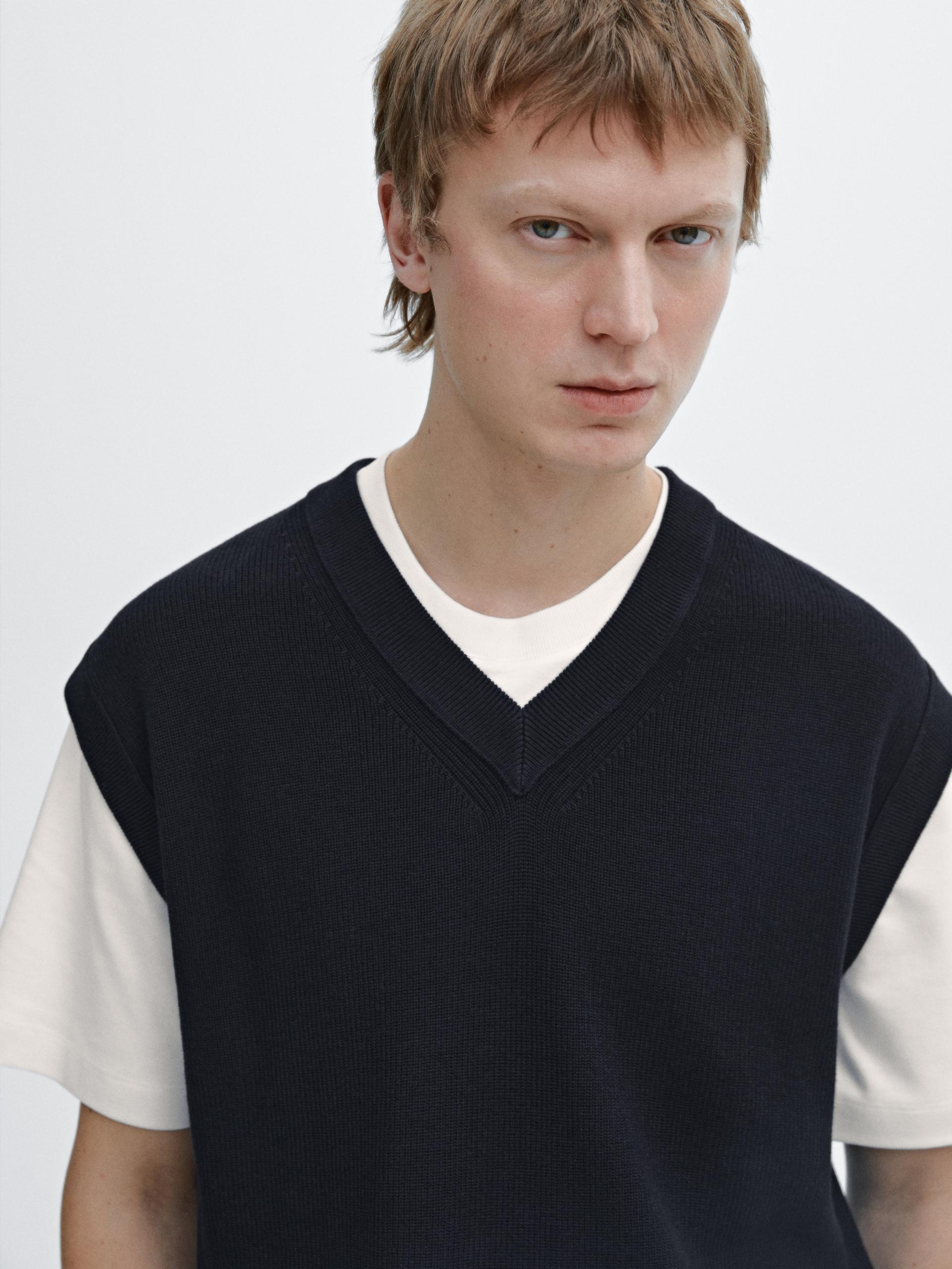 Dzianinowa Kamizelka Ze 100% Bawełny - Granatowy - L - Massimo Dutti - Mężczyzna