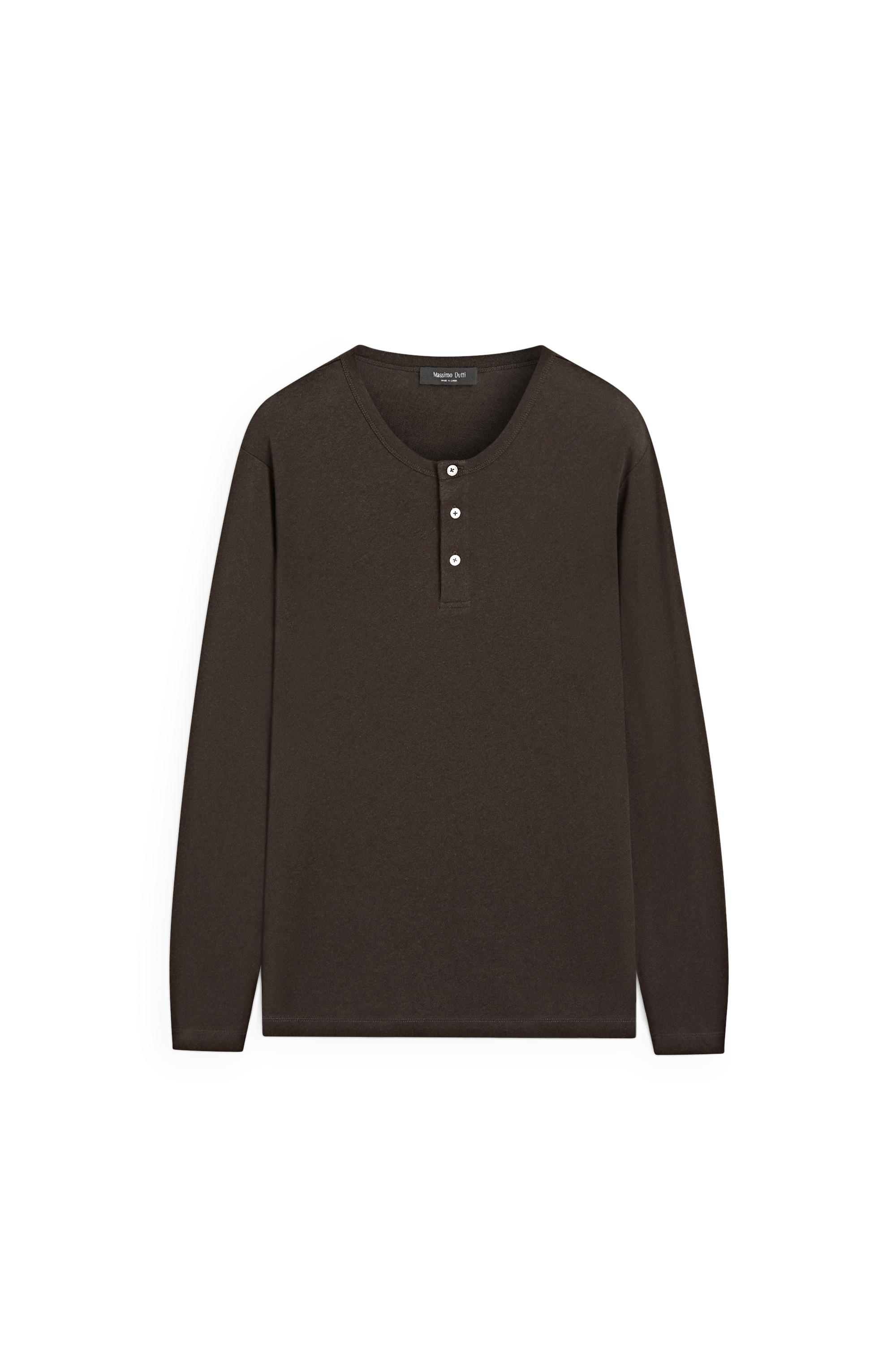 Long sleeve henley neck T-shirt — BROWN