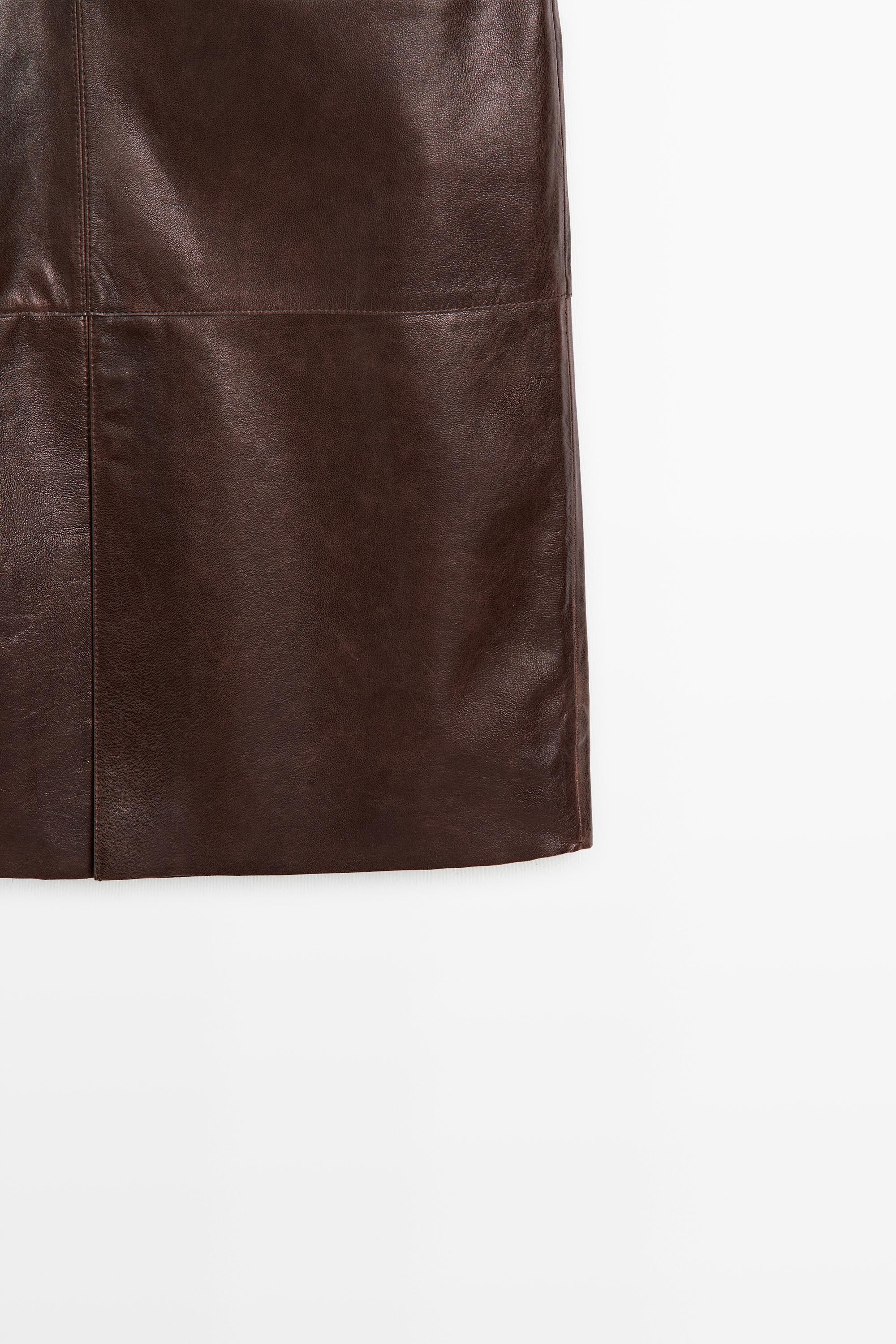 Leather midi skirt with pockets — Chocolate