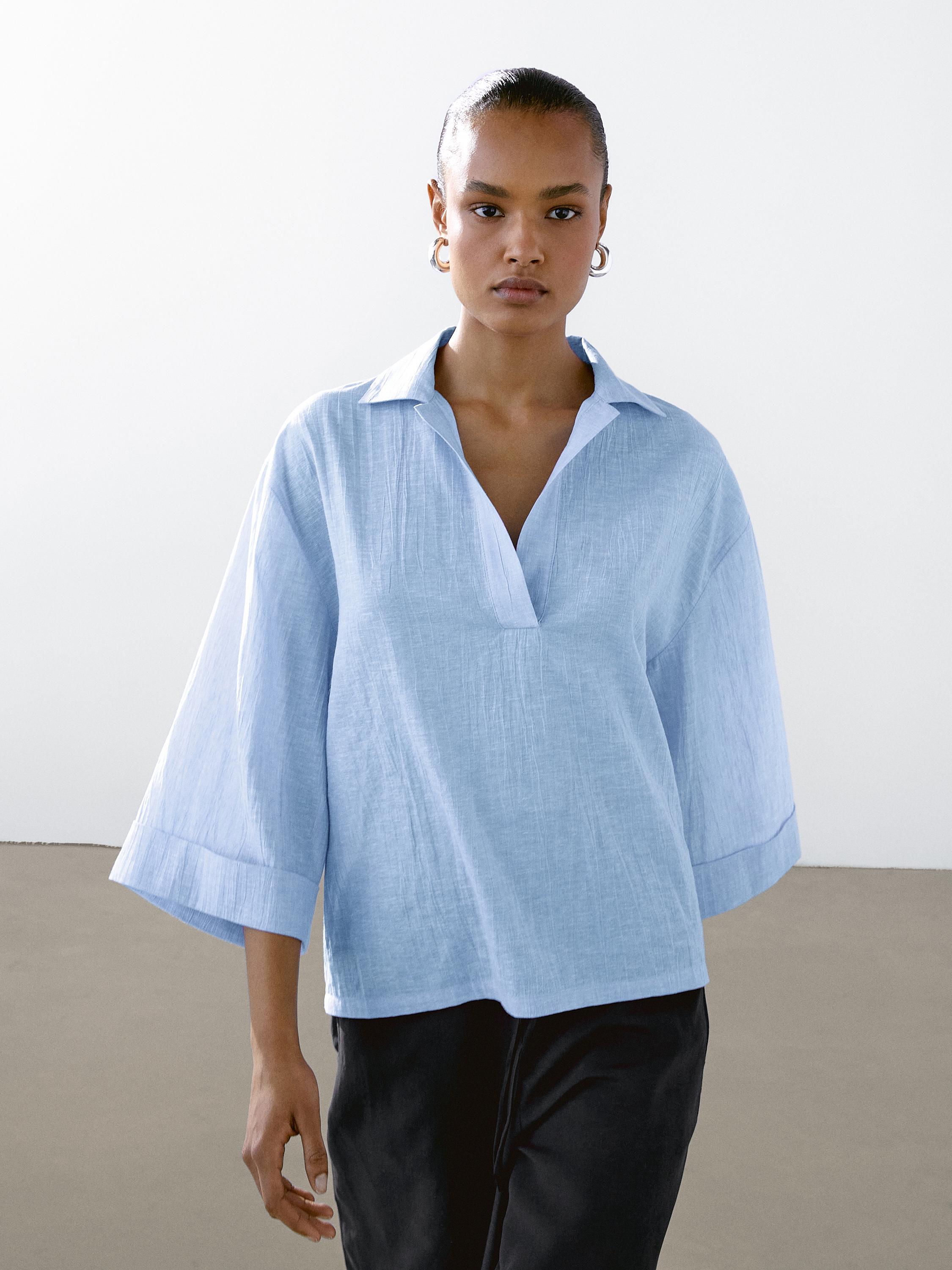 Linen blend blouse with polo collar