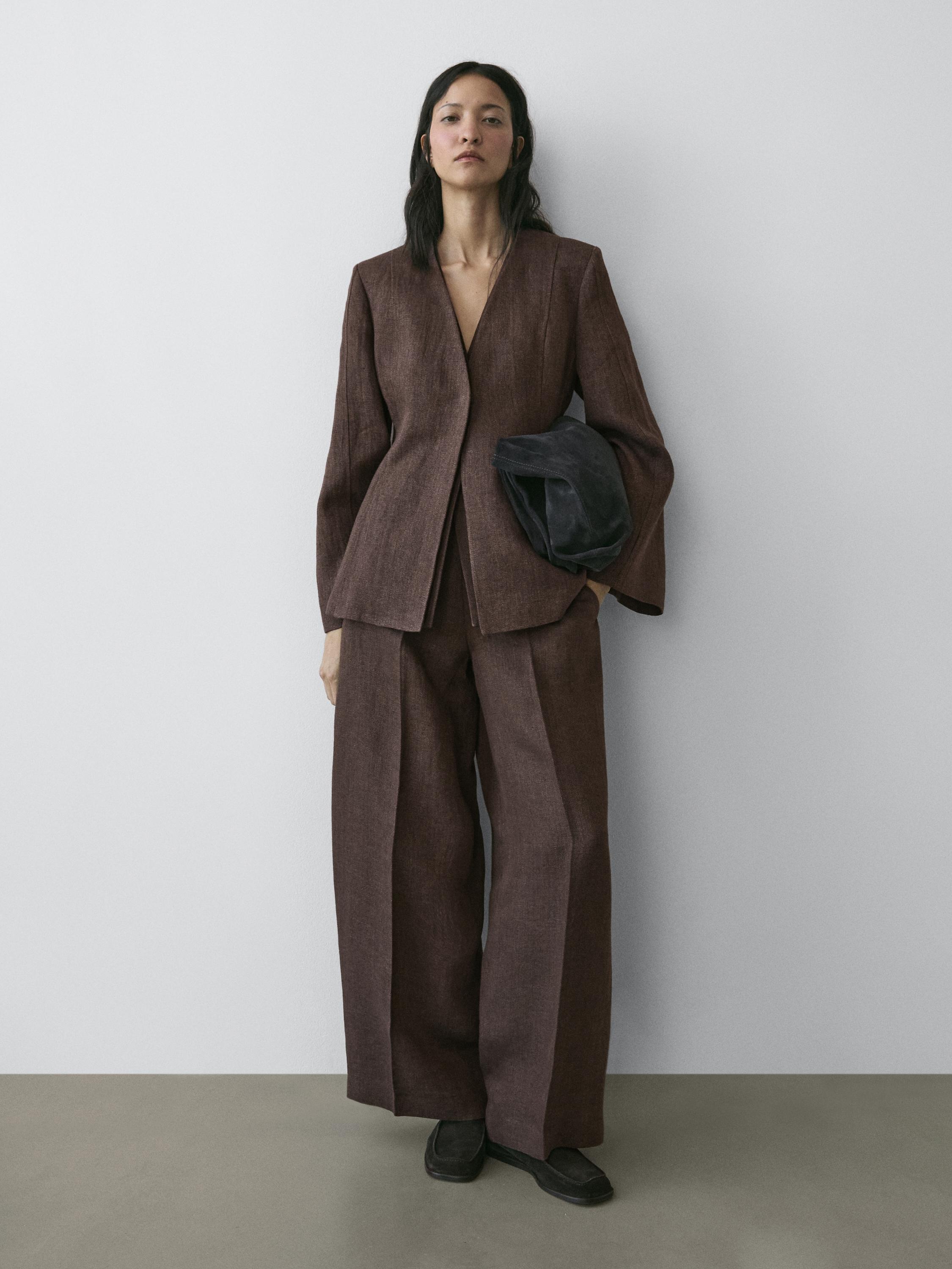 100% linen lapelless blazer — BROWN