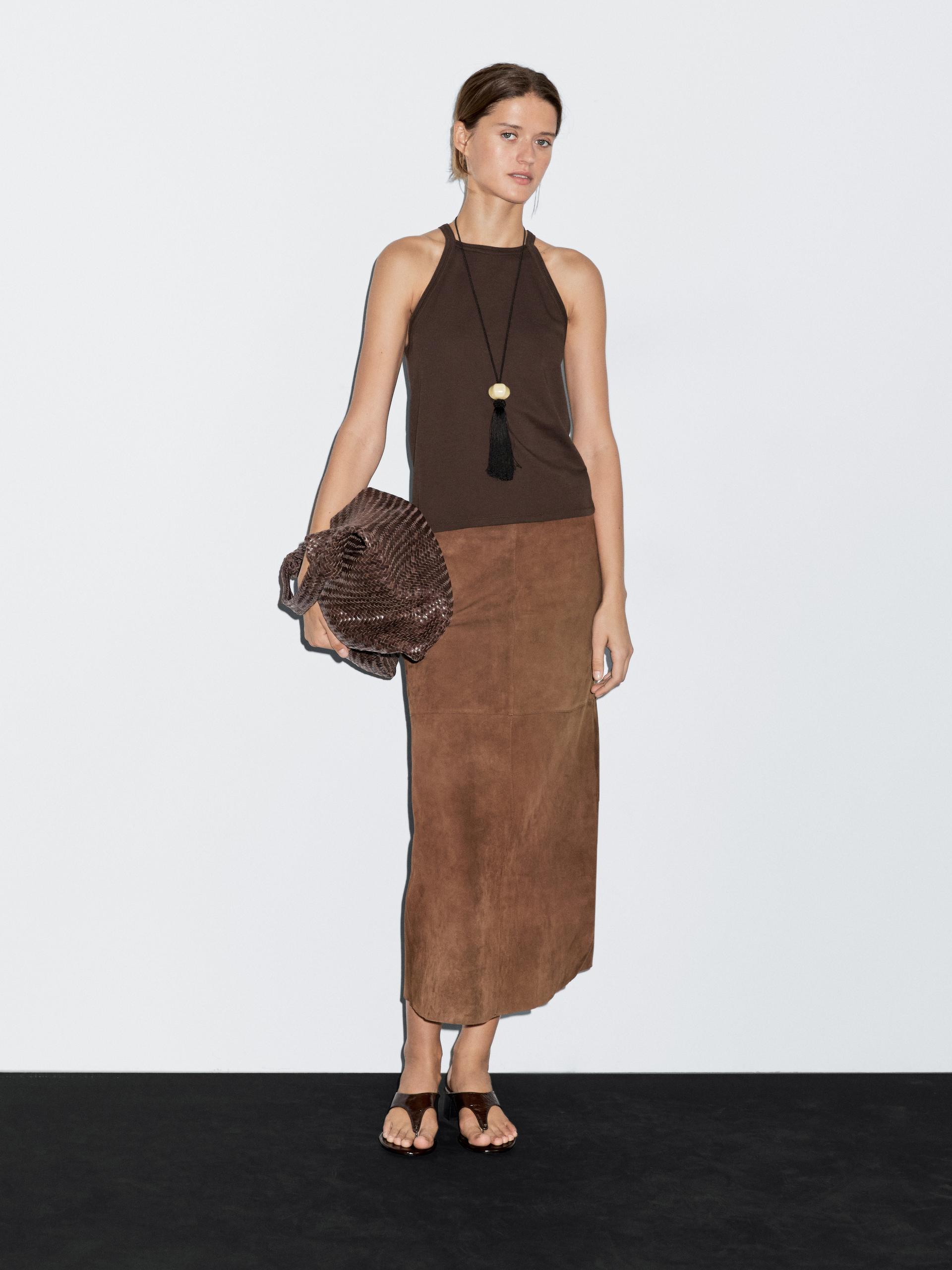 Top À Encolure Américaine En Coton Mélangé - Marron - S - Massimo Dutti - Femme