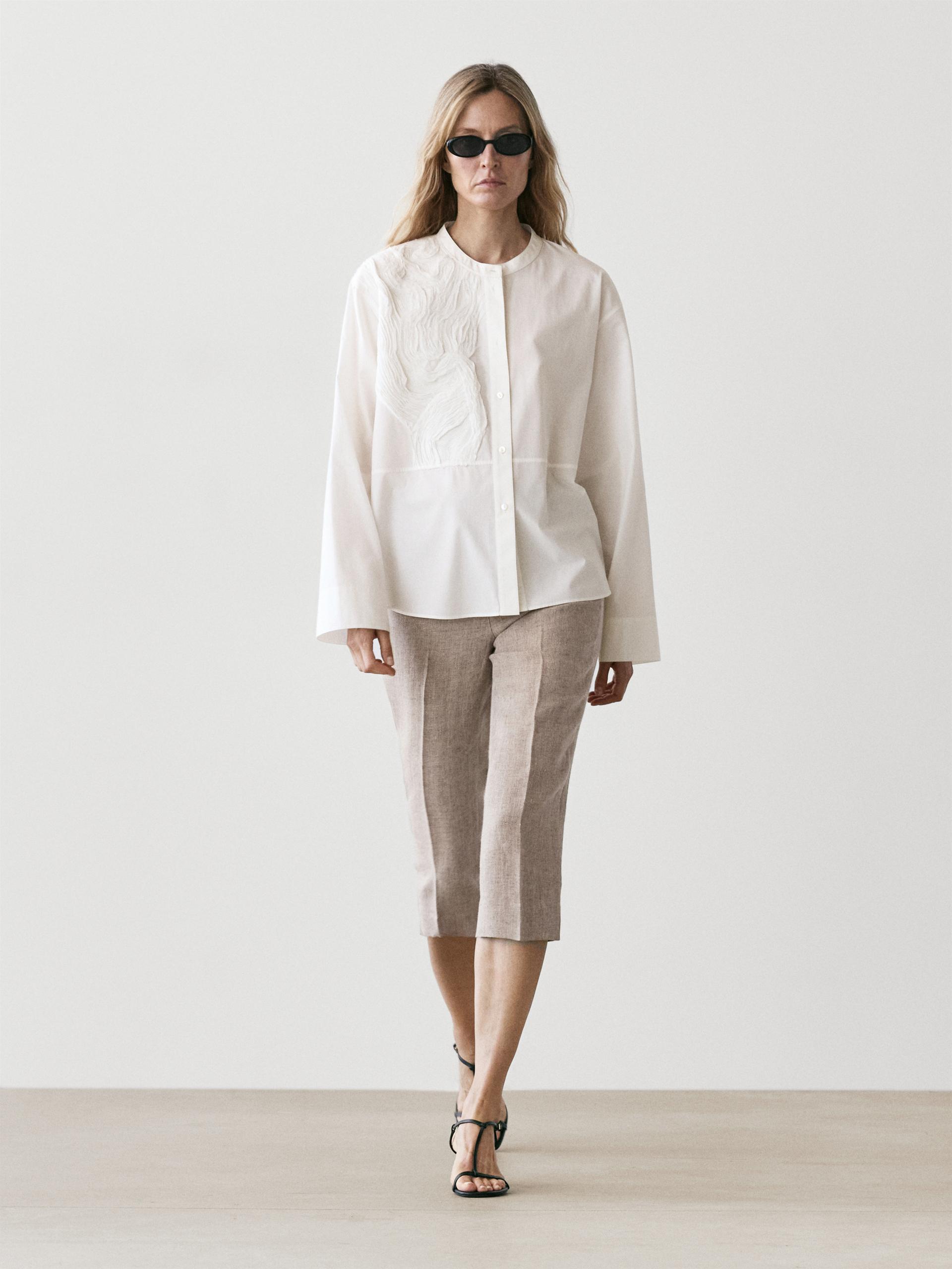 Camicia In Misto Cotone Con Ricamo - Bianco - L - Massimo Dutti - Femminile