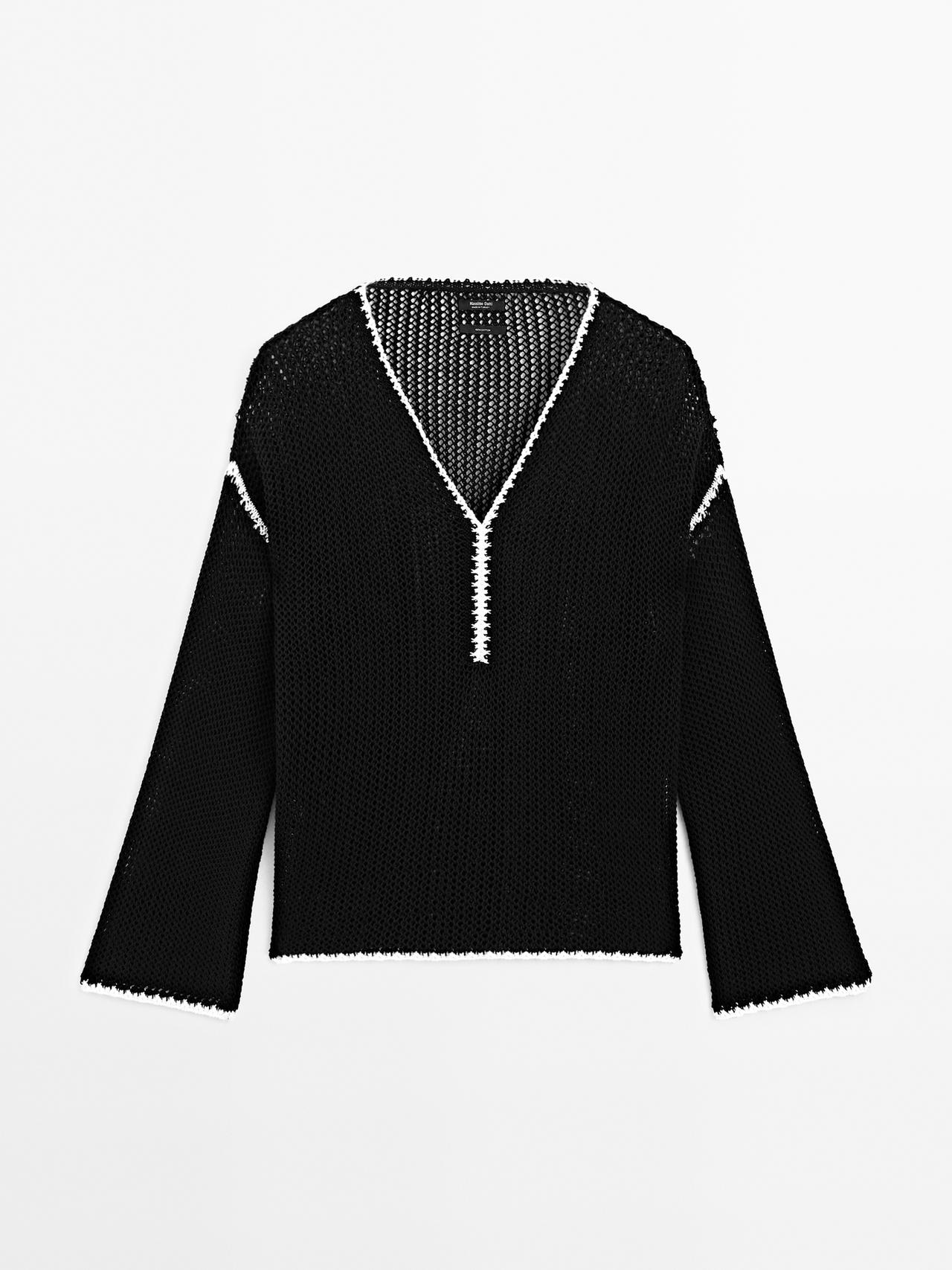 Massimo Dutti - Dame - Hæklet Trøje I 100 % Bomuld Med Hulmønster - Sort - M