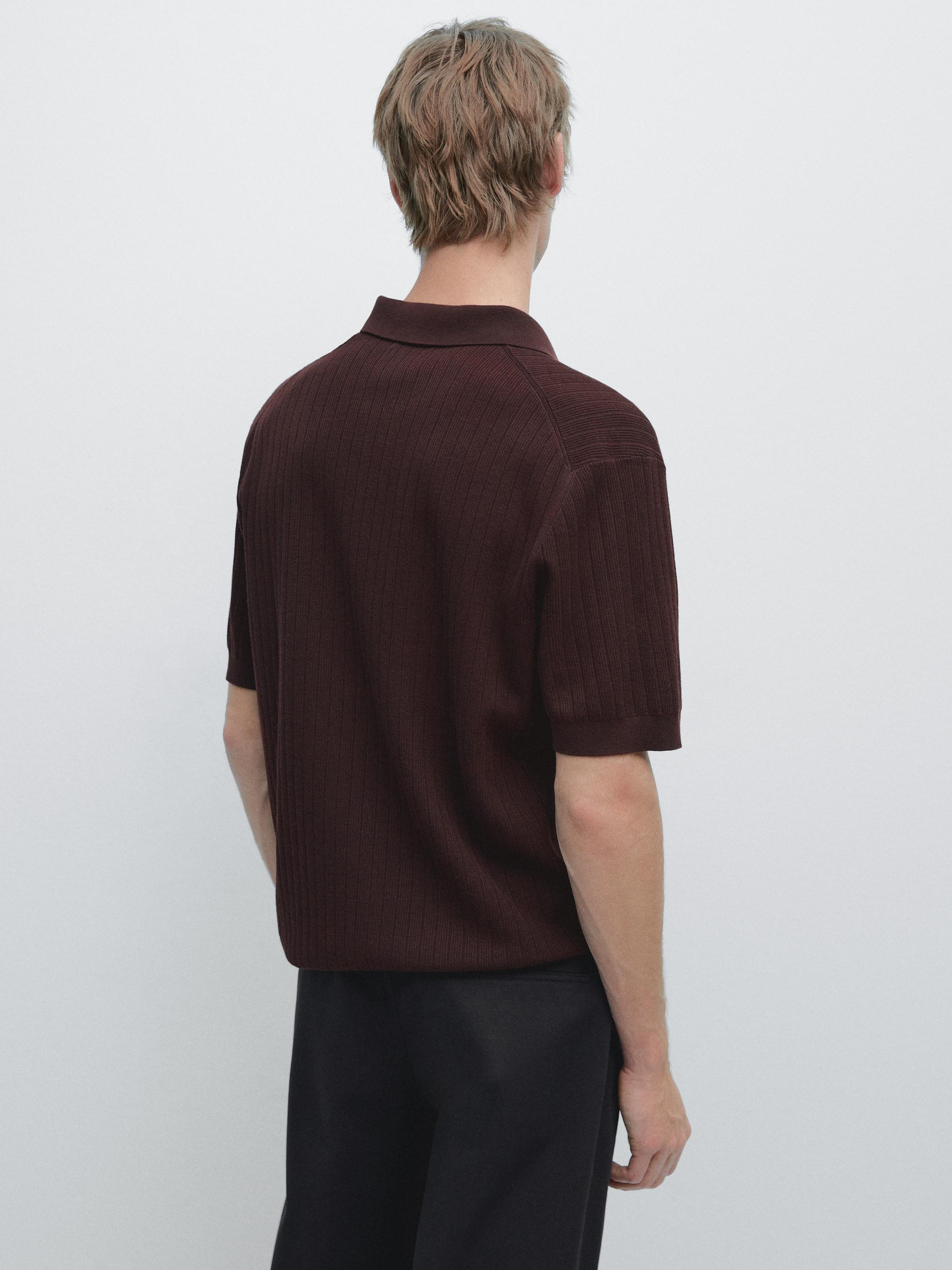 Ribbed knit cotton polo shirt — BURGUNDY