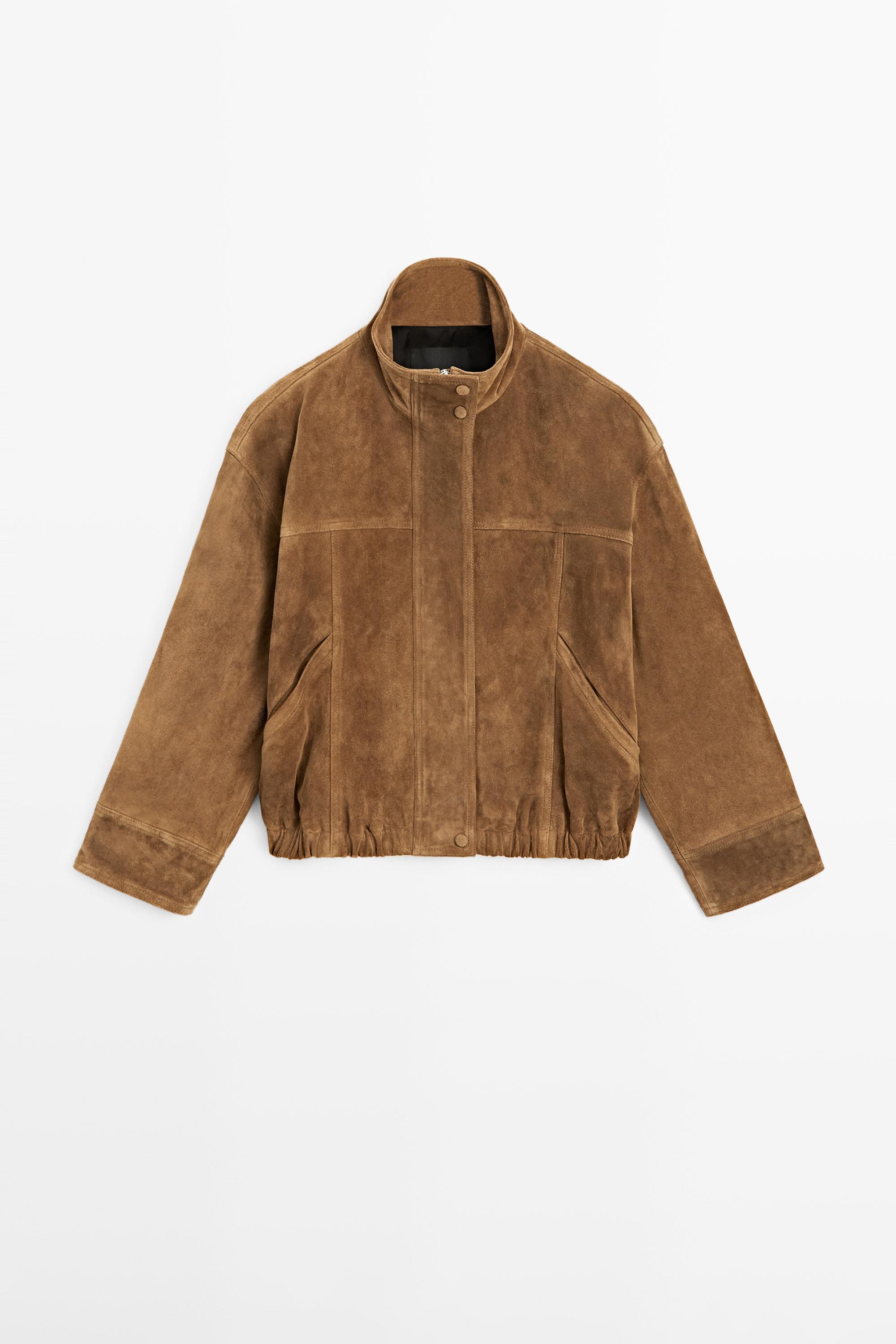 Short suede leather bomber jacket — CAMEL
