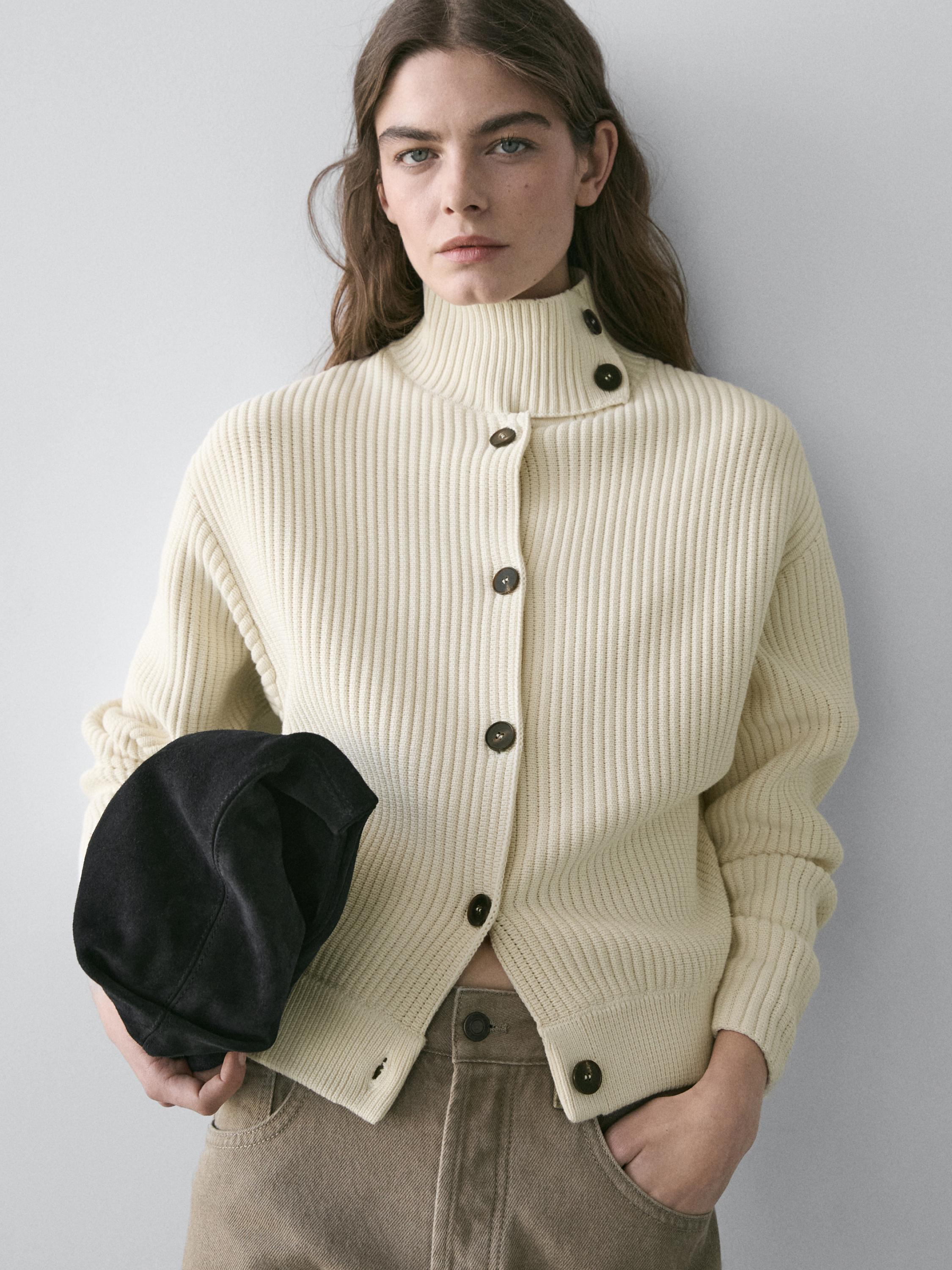 100% cotton turtleneck knit cardigan — CREAM