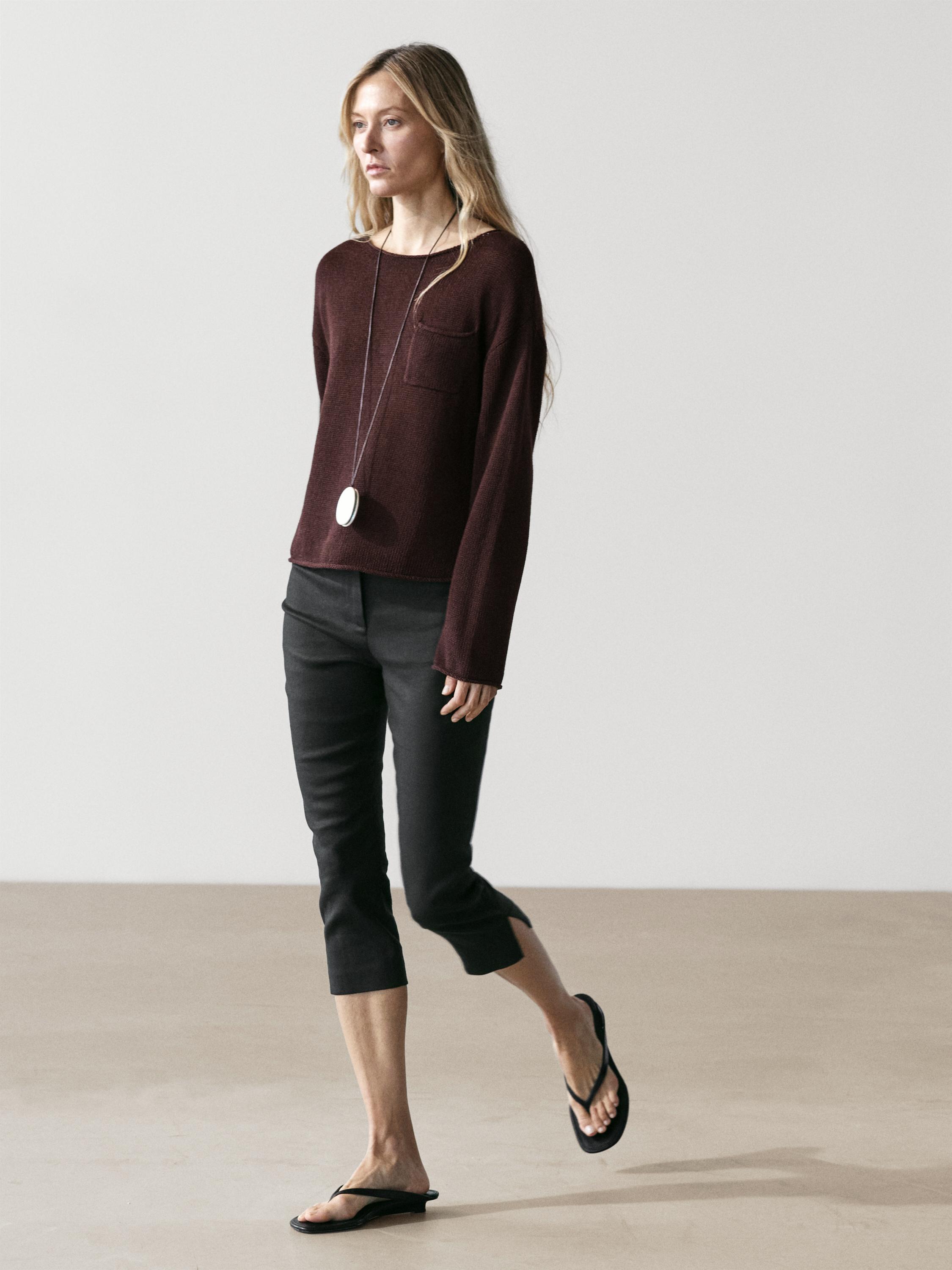 Cotton and linen knit sweater with pocket detail — BROWN