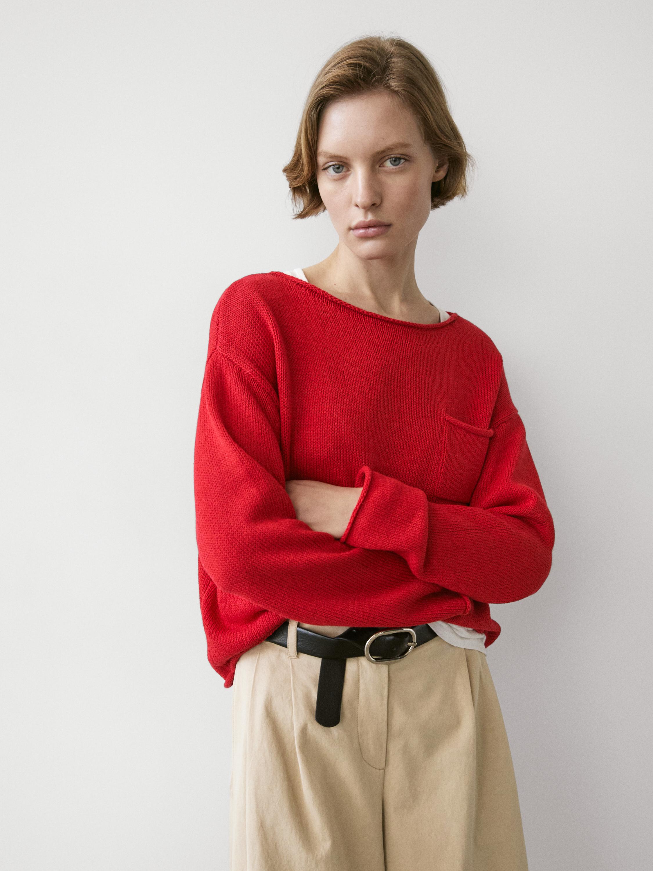 Cotton and linen knit sweater with pocket detail — RED
