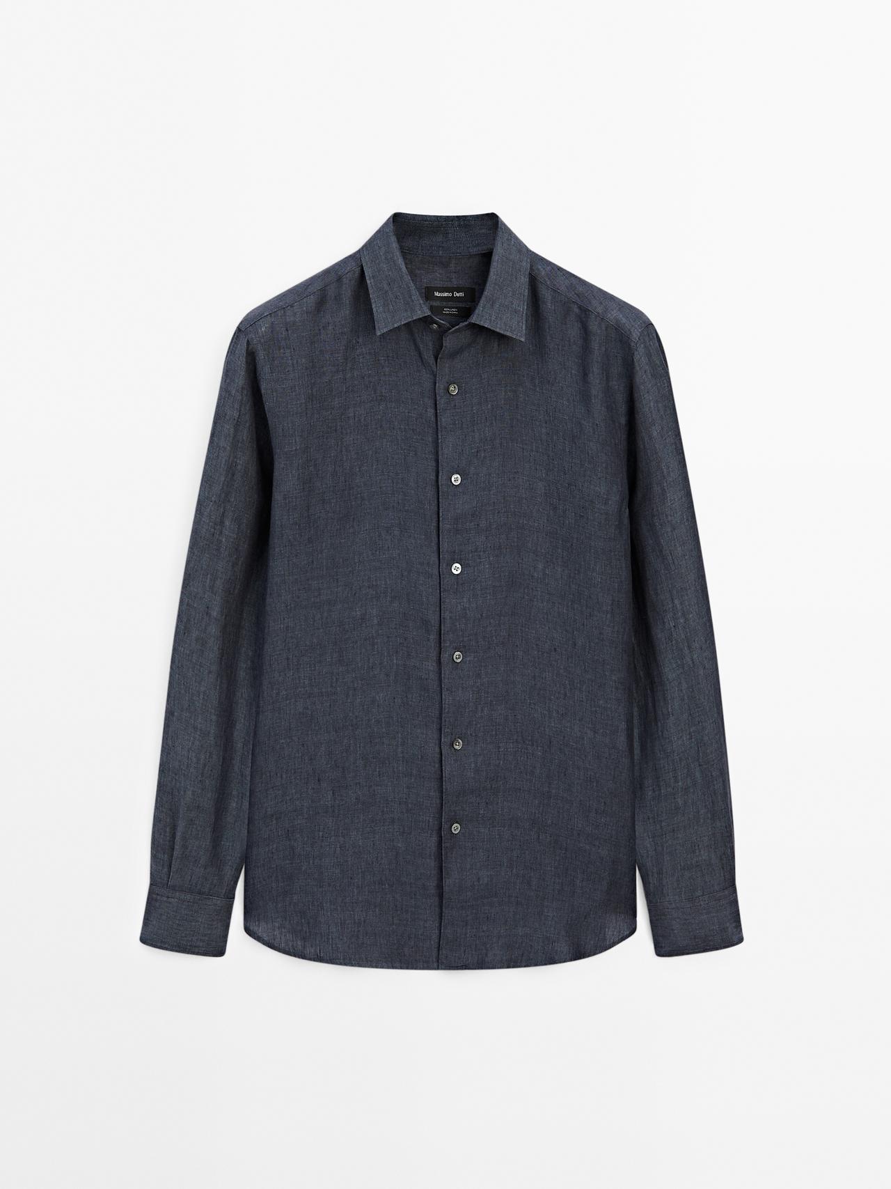 Massimo Dutti - Heren - Slim Fit Délavé 100% Linnen Overhemd - Verwassen Blauw - S