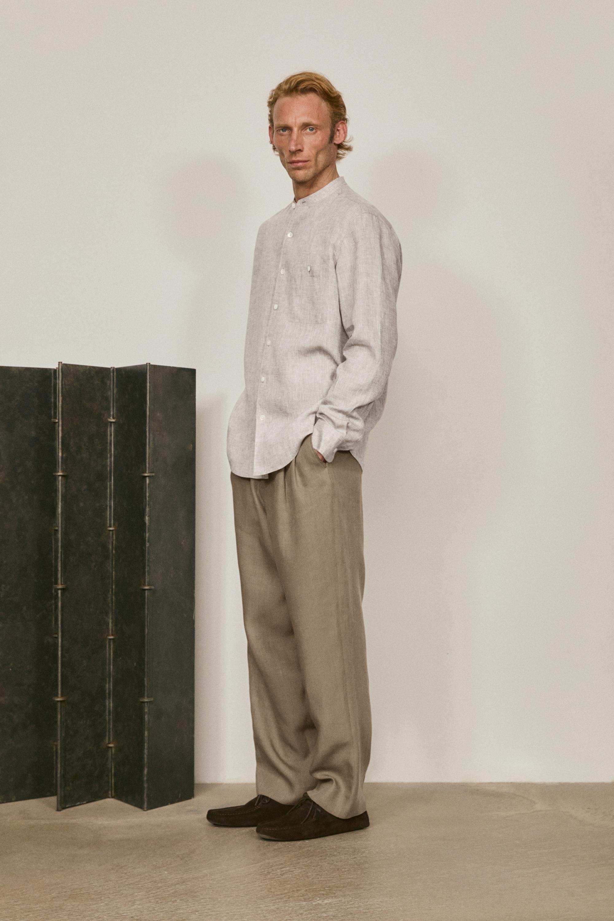 Relaxed fit 100% linen shirt with stand collar - LIMITED EDITION — SAND