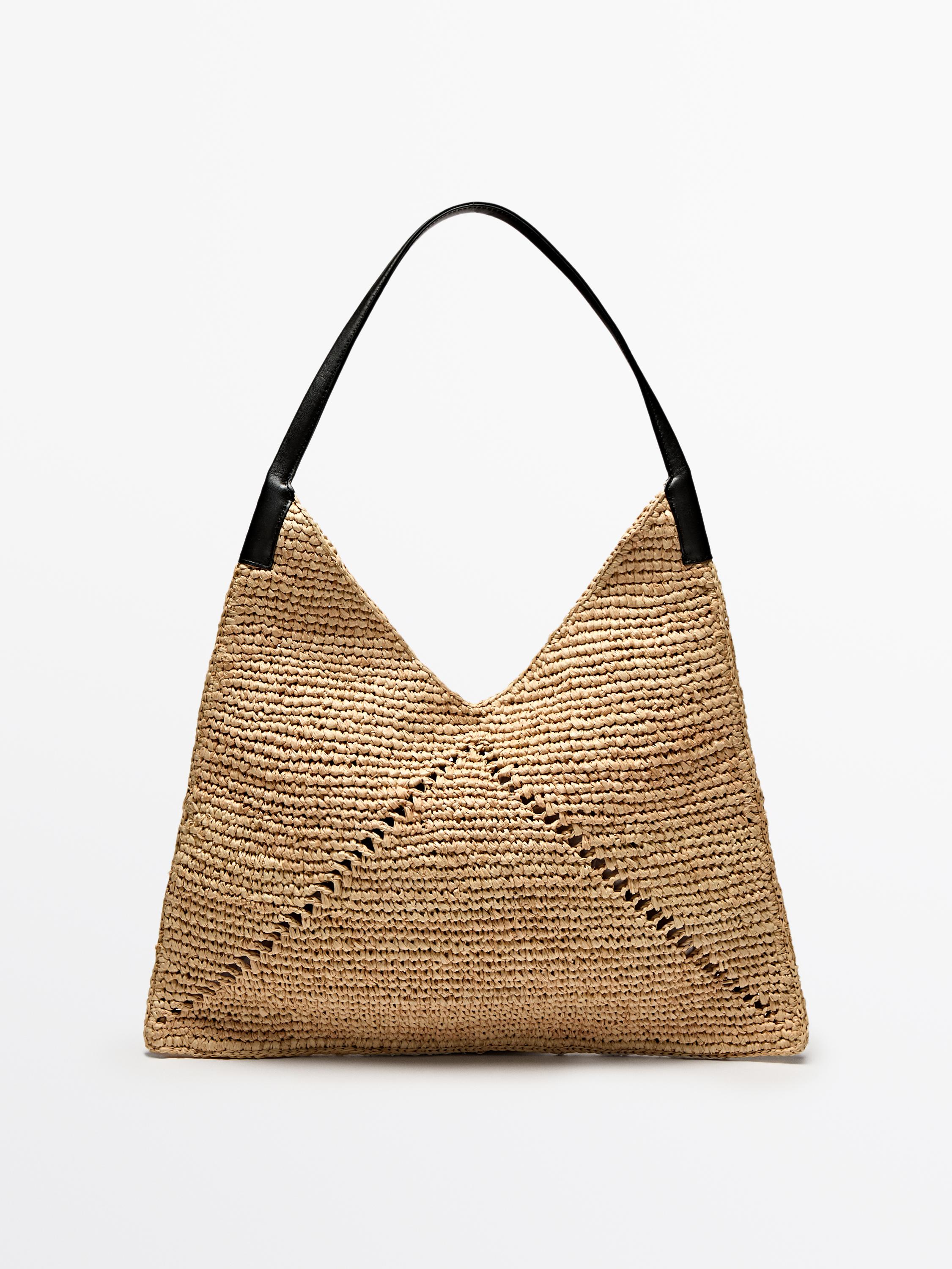 Sac cabas en raphia avec anse en cuir plat