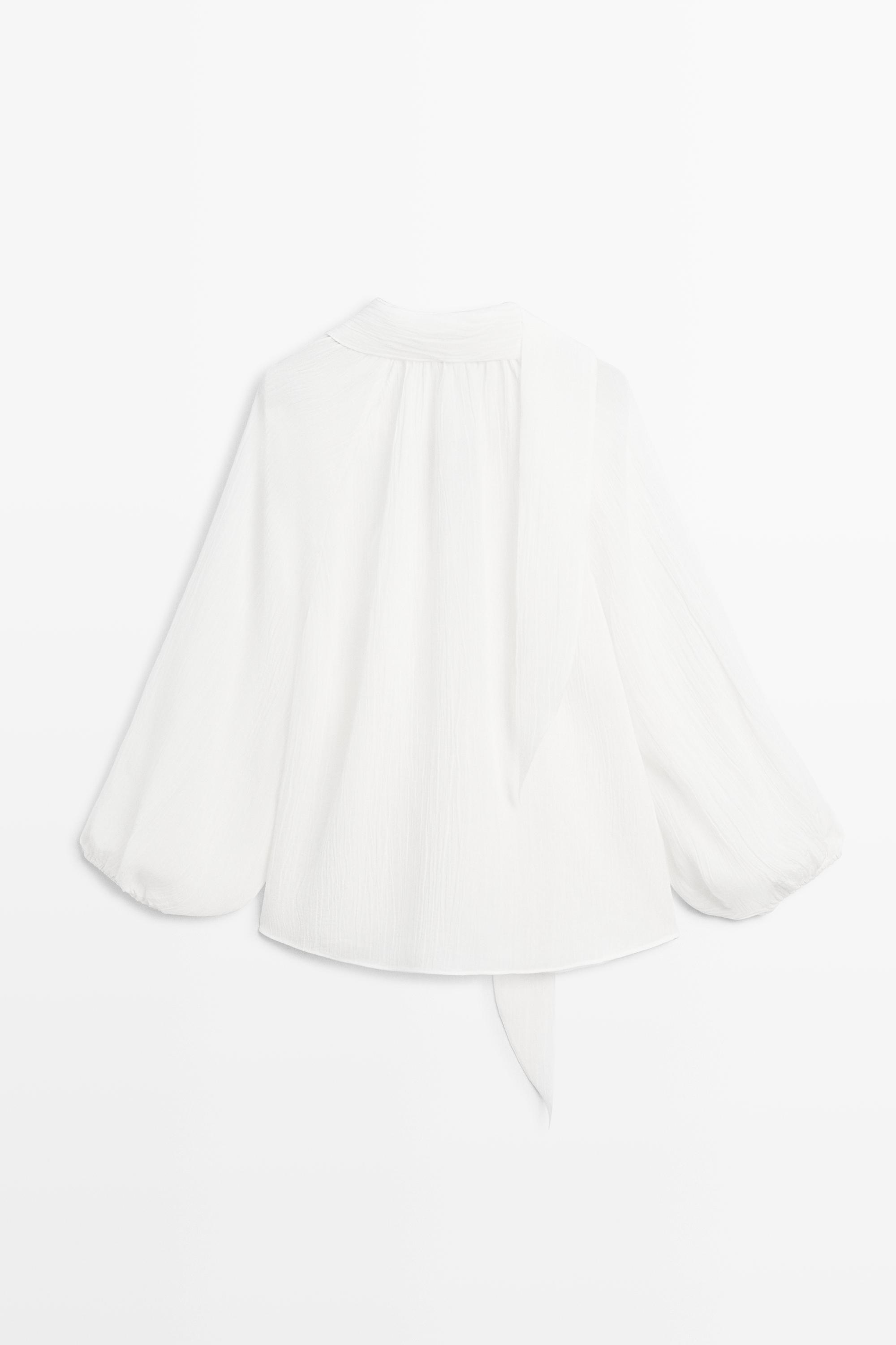 Flowing V-neck blouse with tie — WHITE