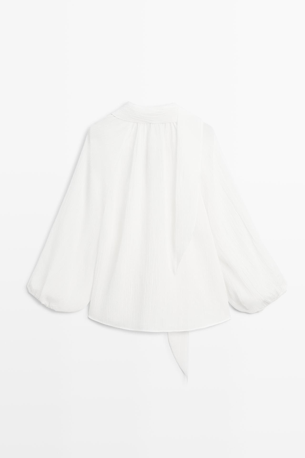 Flowing V-neck blouse with tie — WHITE