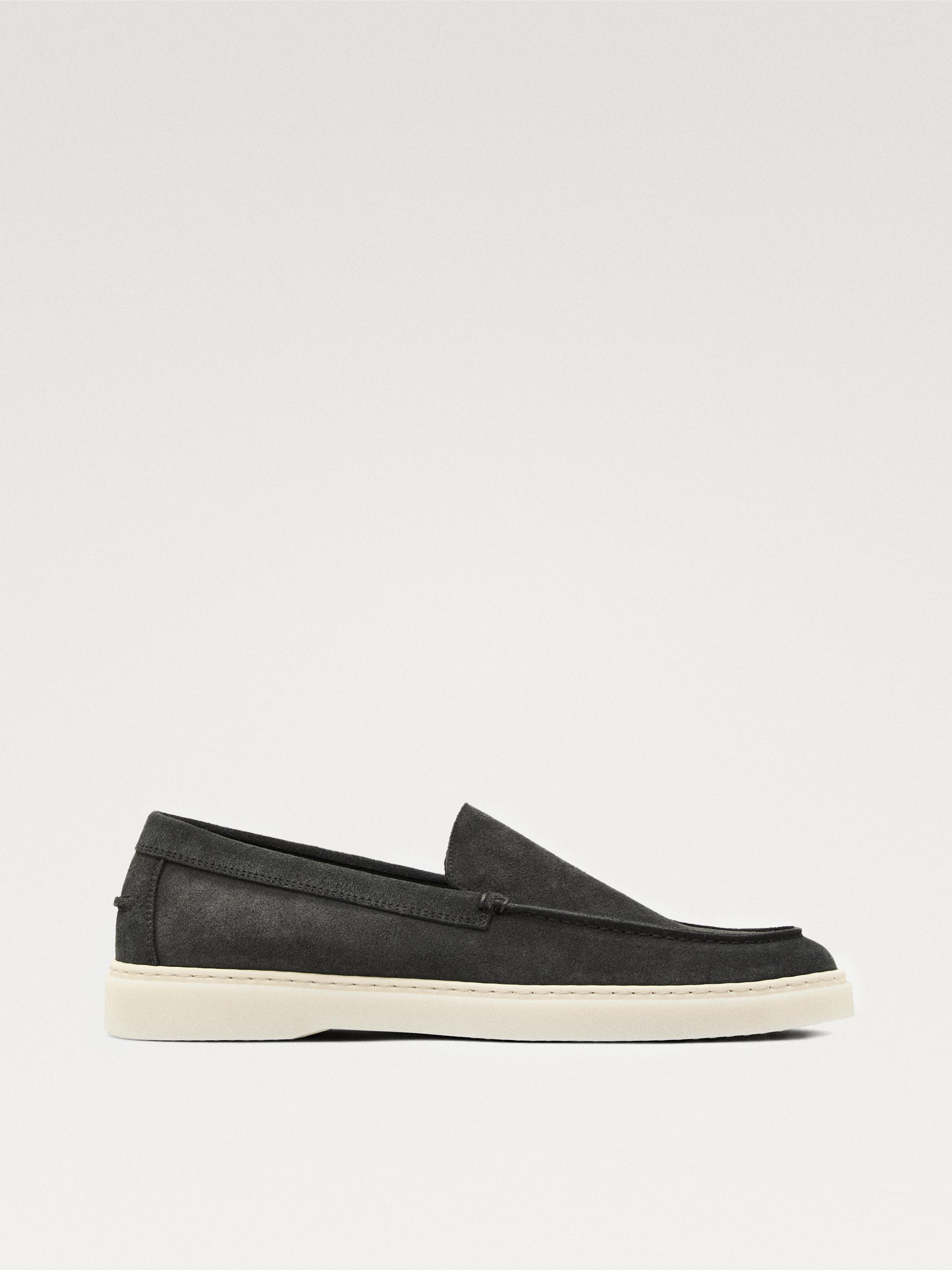 Split suede leather moc toe loafer — BLUE