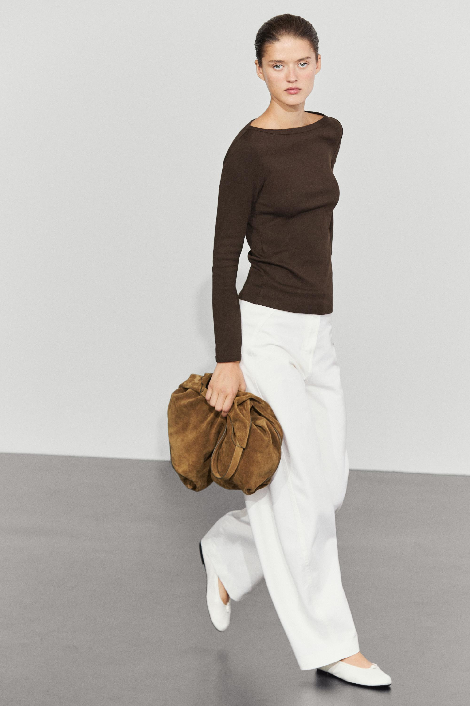 Long Sleeve Boat Neck T-shirt — BROWN