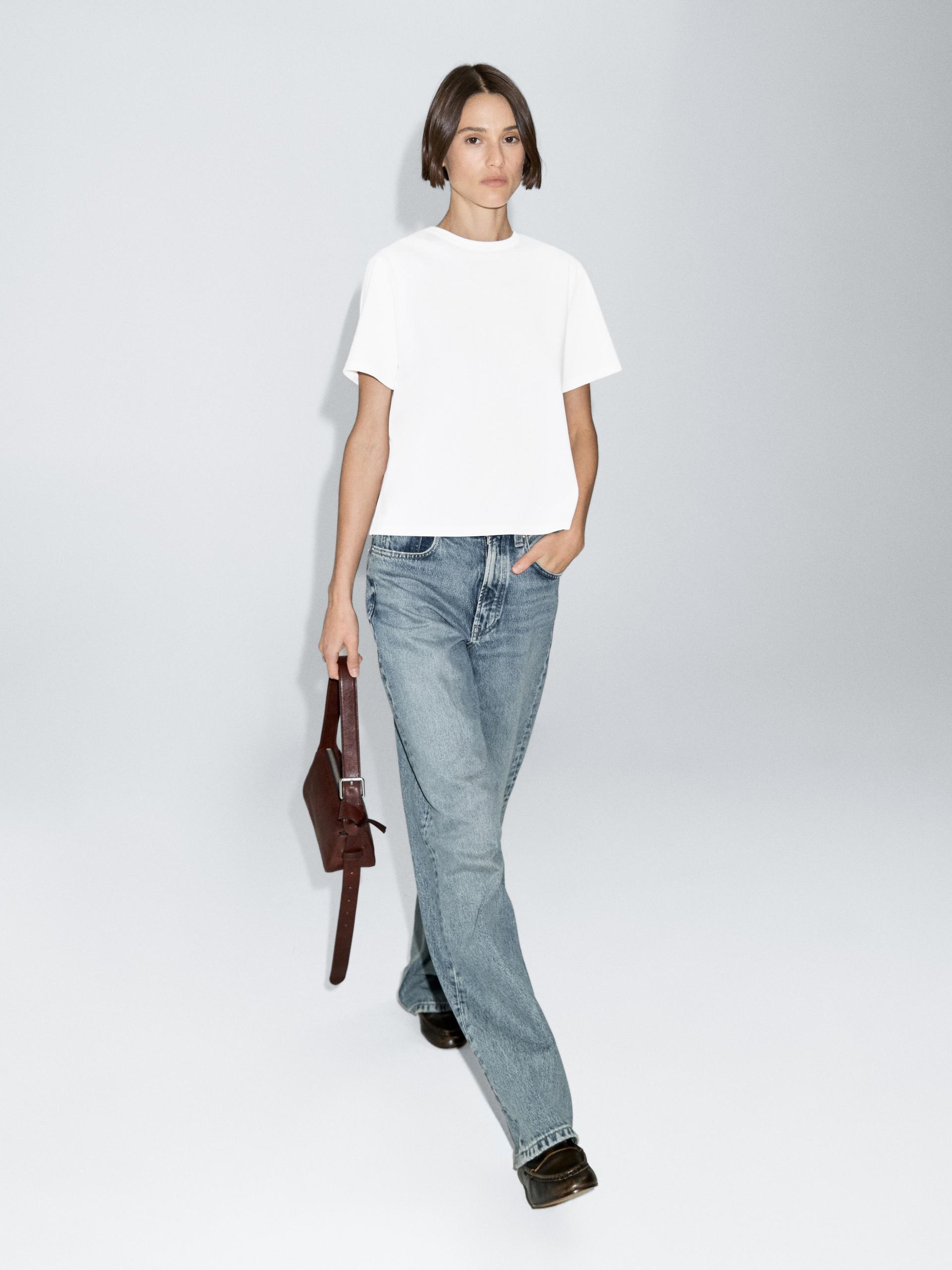 Koszulka Z Mieszanki Bawełny Z Krótkim Rękawem - Biały - Xl - Massimo Dutti - Kobieta