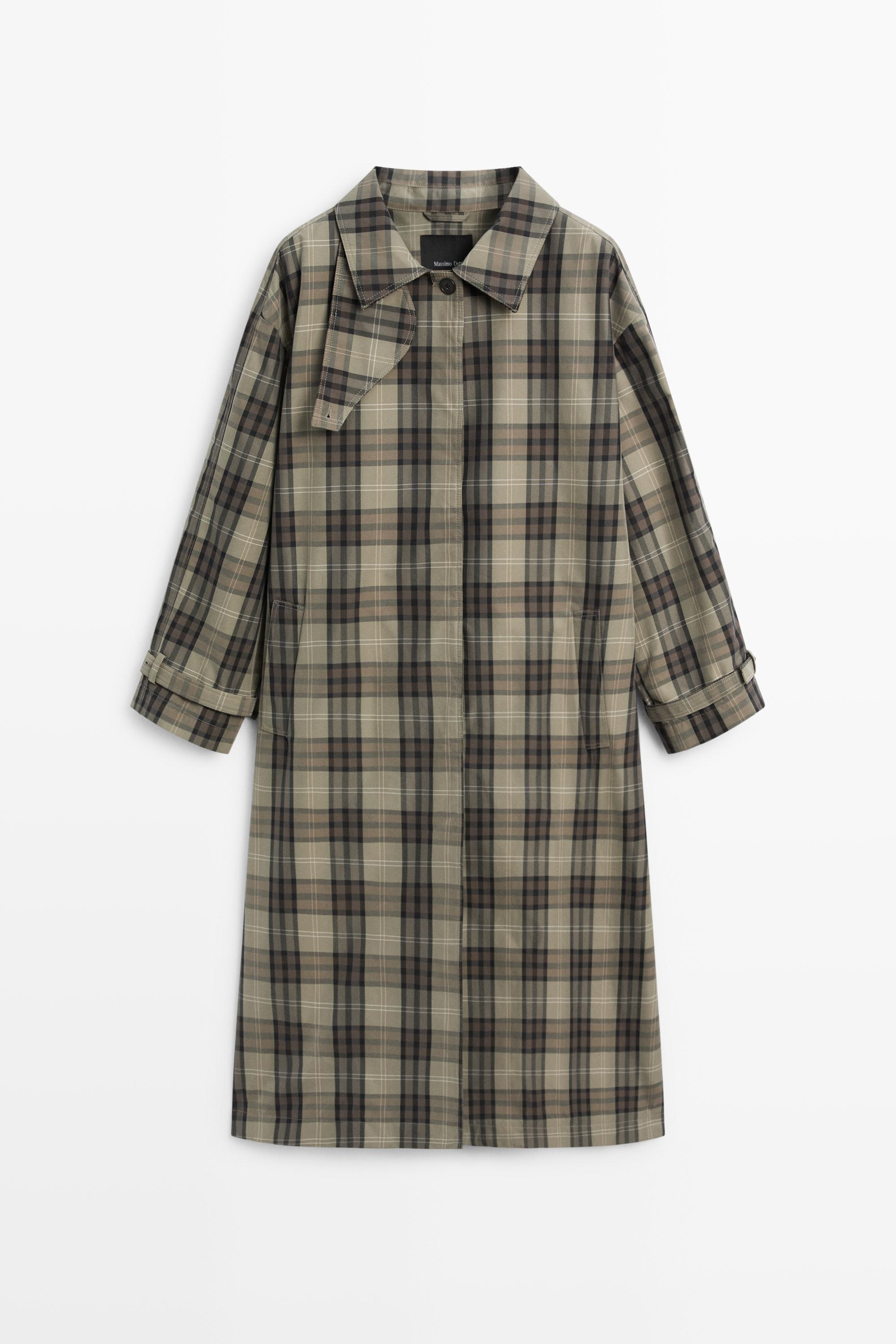Plaid cotton blend long trench parka