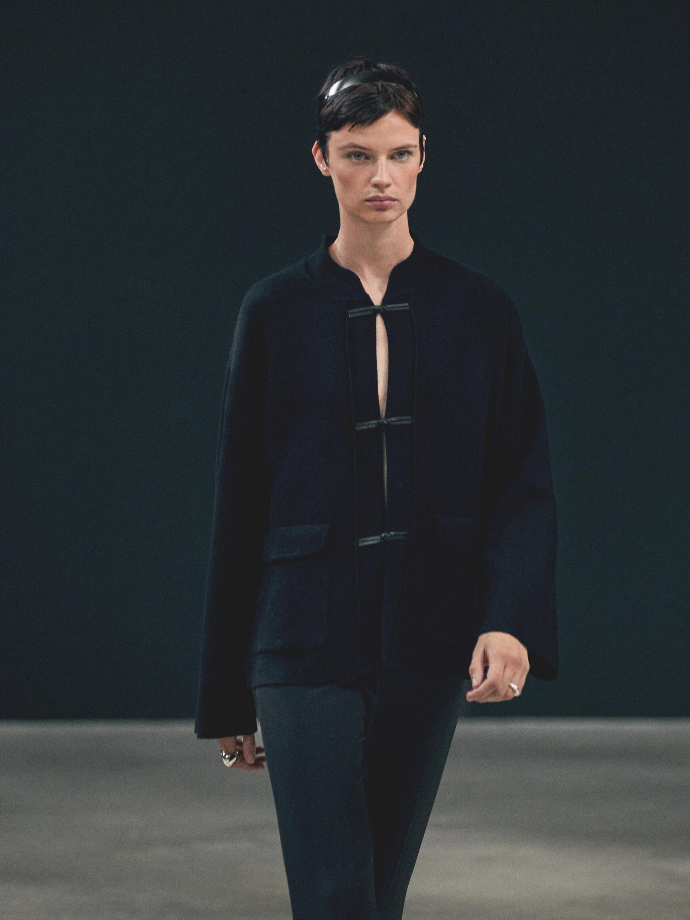 Wool blend knit cardigan with stand collar