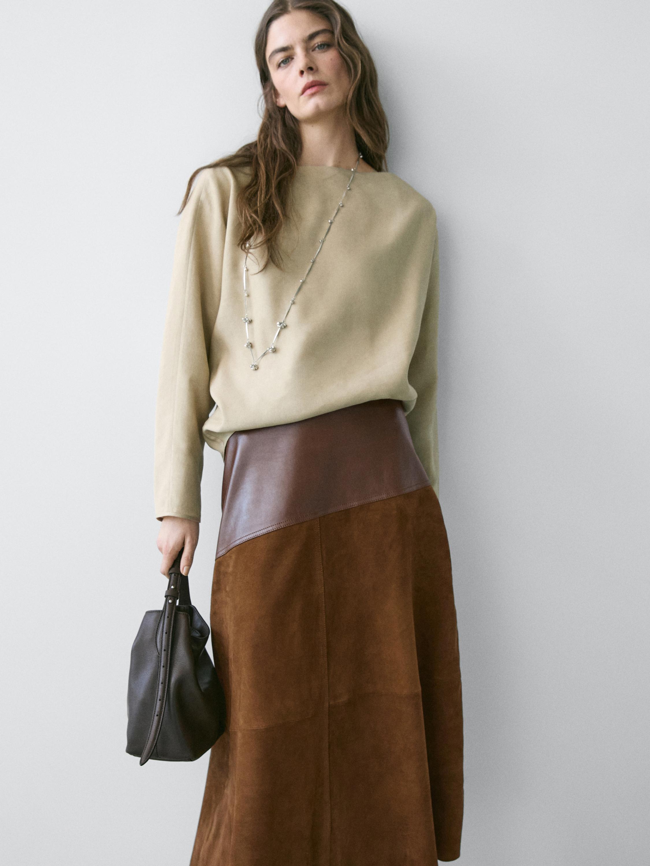 Suede nappa leather skirt with asymmetric yoke — BROWN
