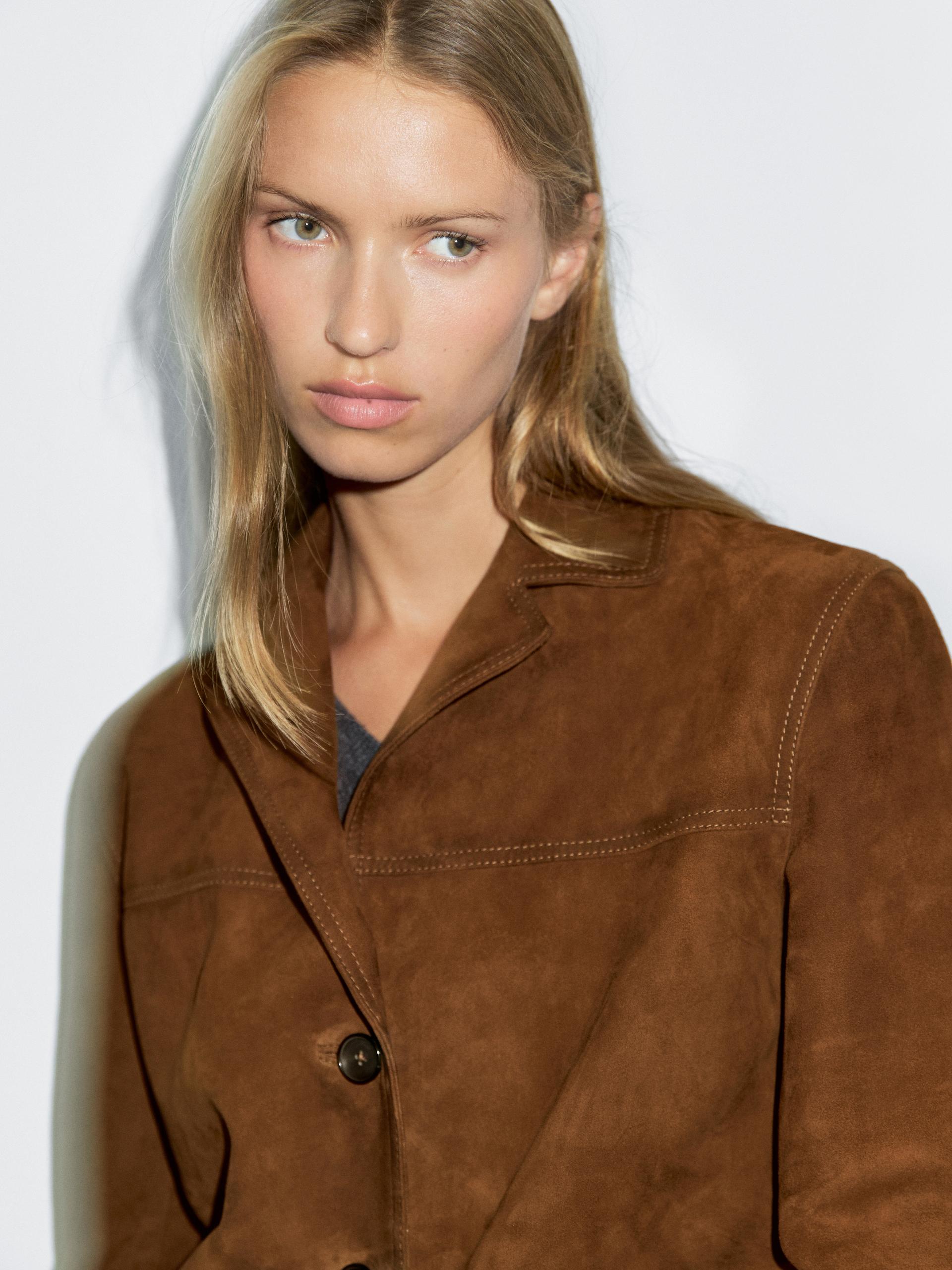 Marynarka Ze Skórzanego Zamszu Ze Stebnowaniem - Koniakowy - Xs - Massimo Dutti - Kobieta