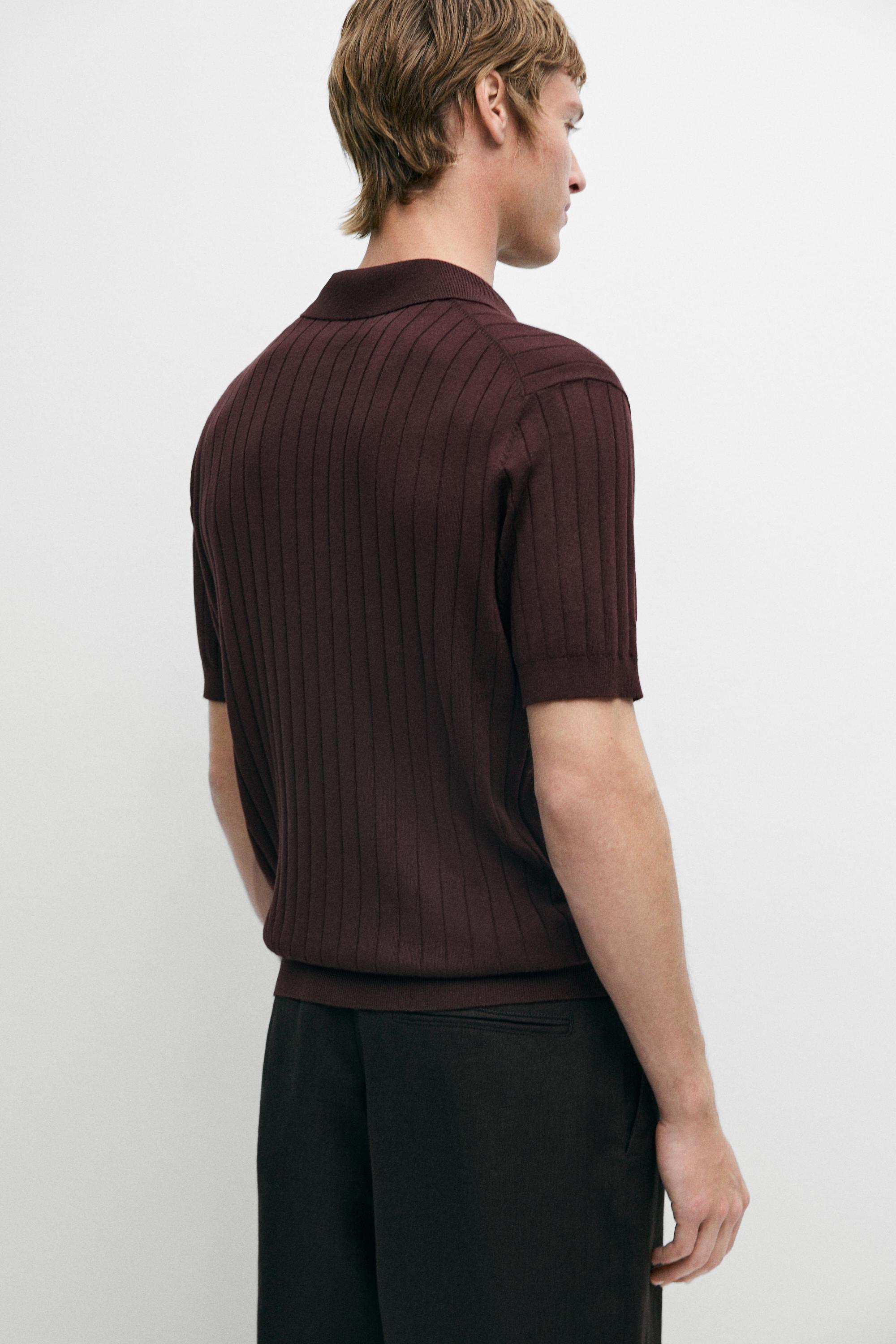 Ribbed knit cotton blend polo shirt — BURGUNDY