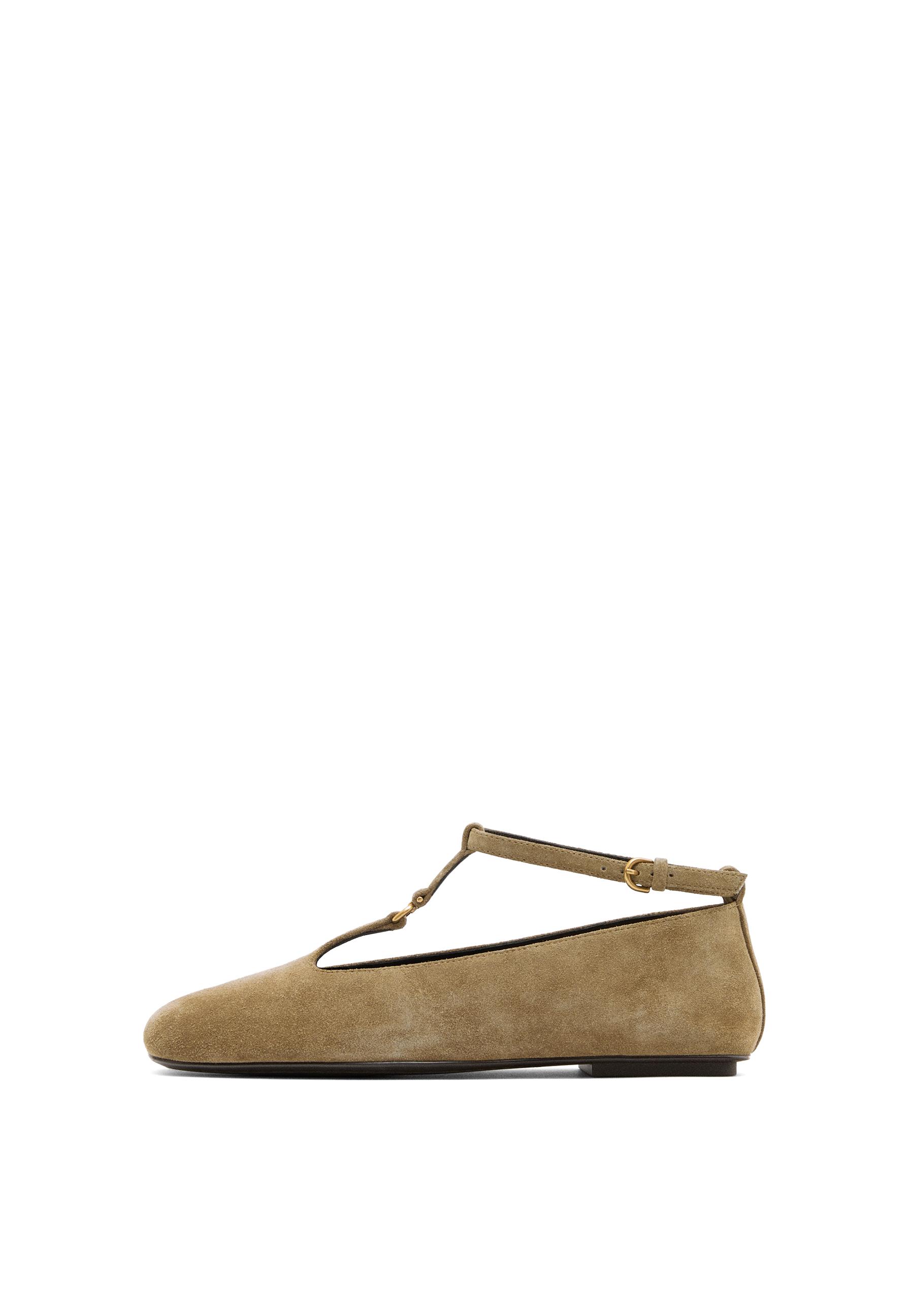 Split suede ballet flats with instep strap — TAUPE