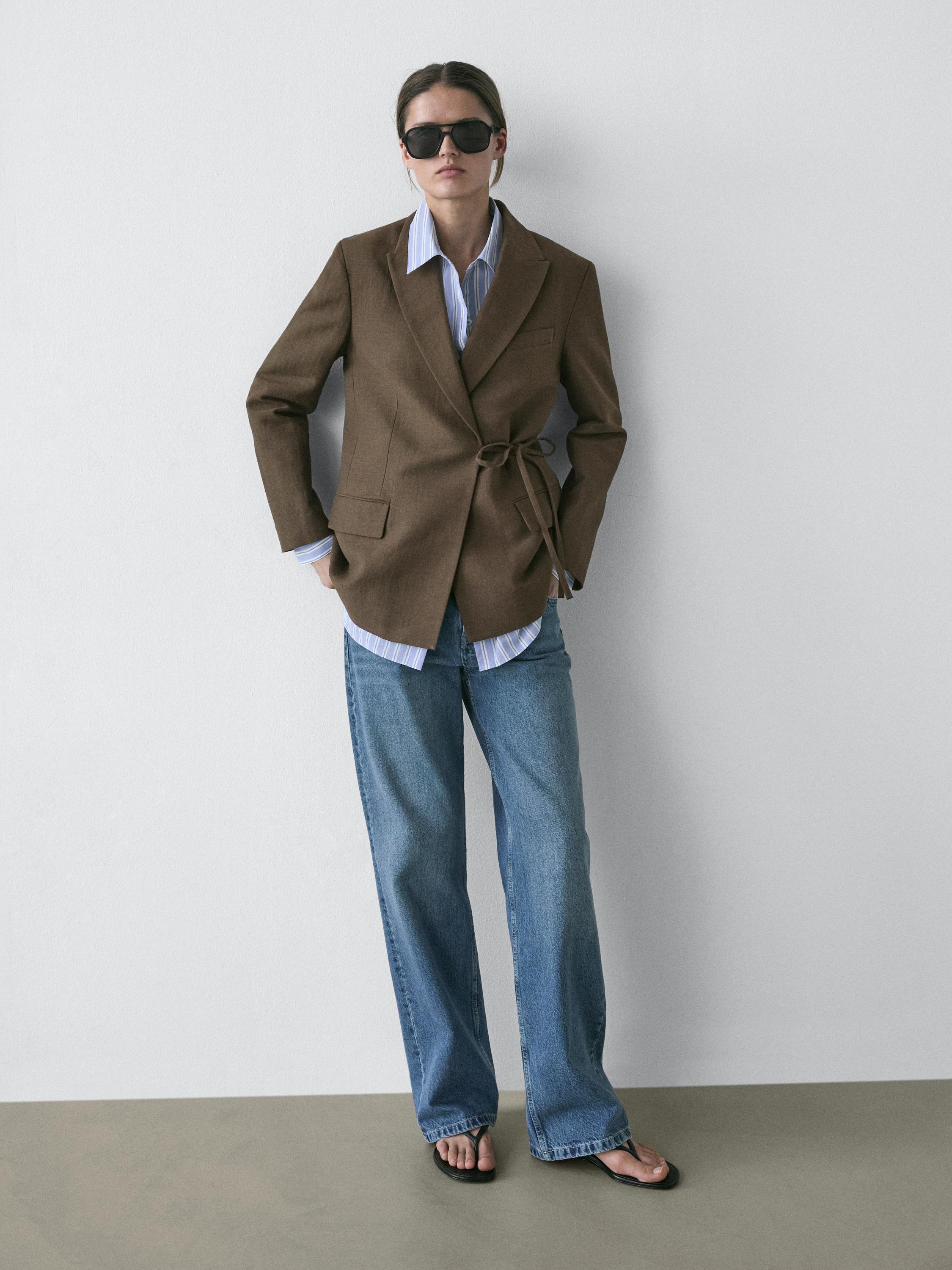 Double-breasted cotton blend blazer with tie detail — DARK GREEN