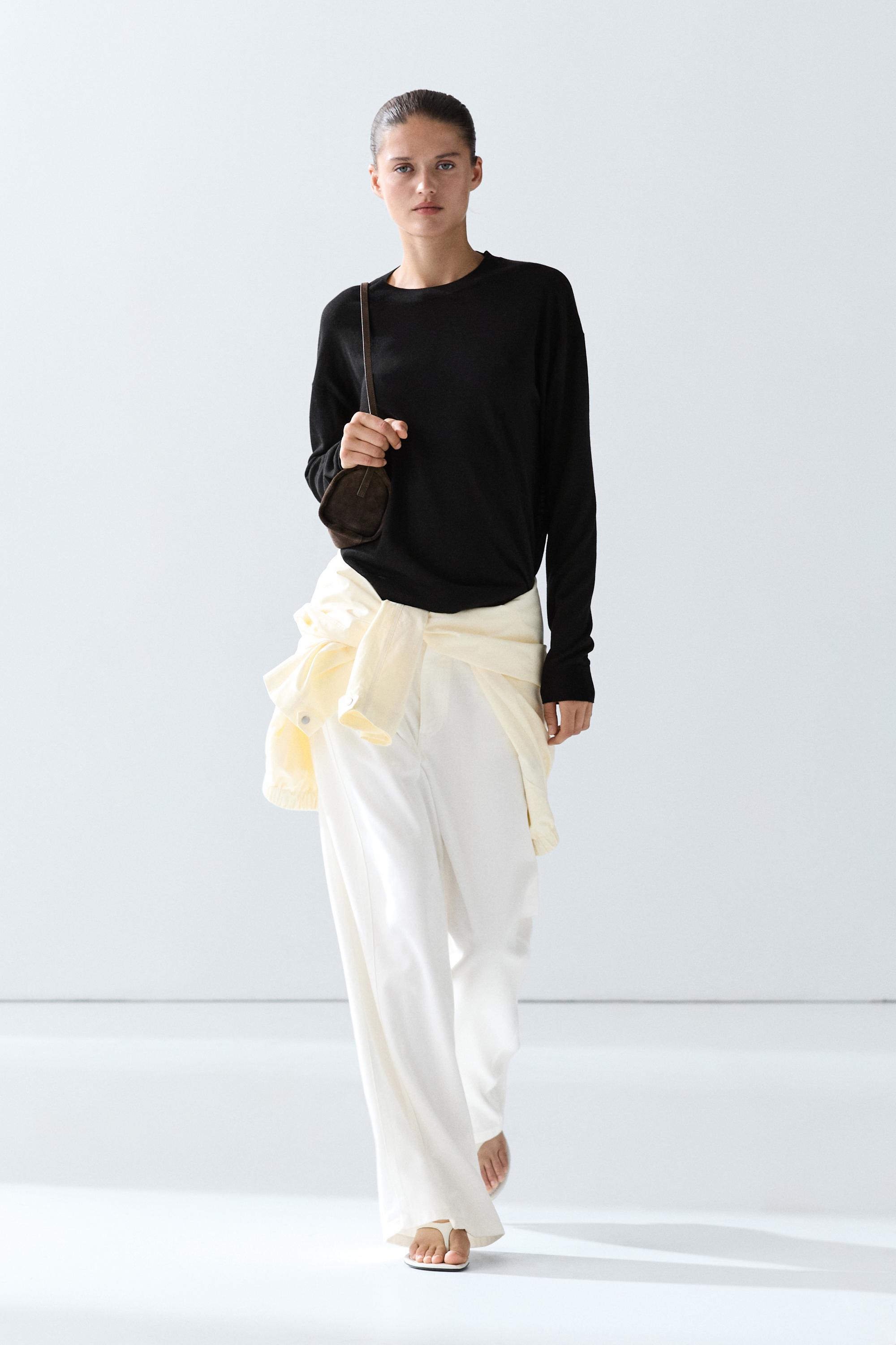 Fine knit round neck sweater — BLACK