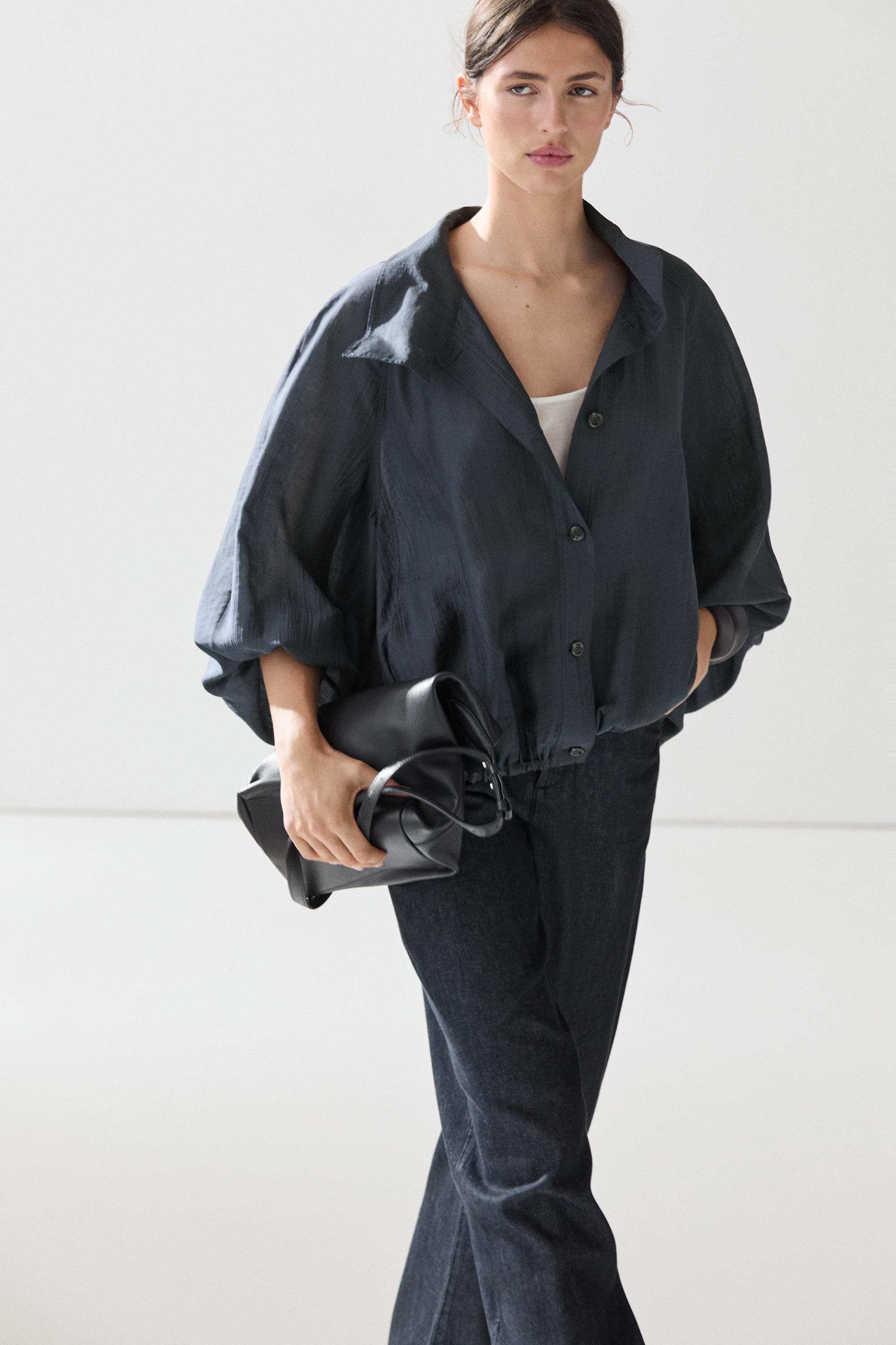 Fluid bomber jacket with shirring detail