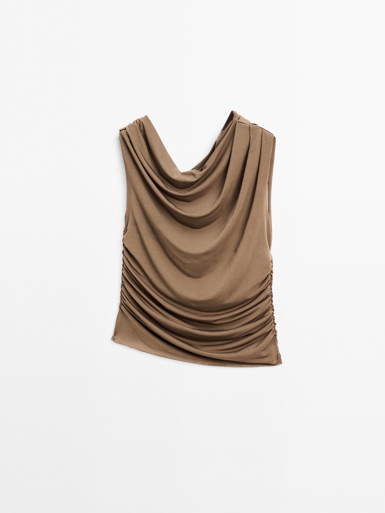 Massimo Dutti - Dame - Asymmetrisk Top Med Draperet Detalje - Mosgrøn - Xs