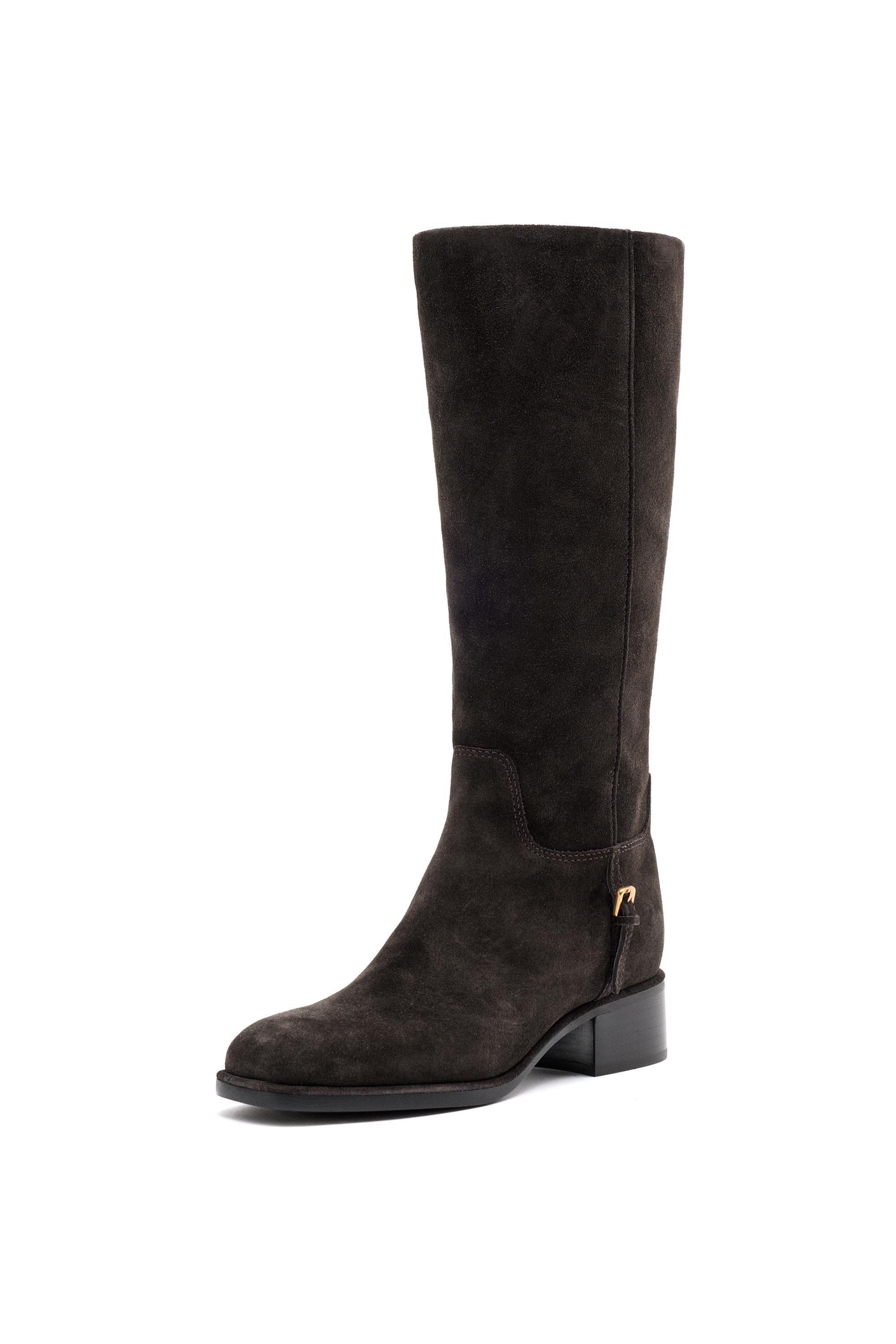 Split suede leather flat boots with side buckle — BROWN
