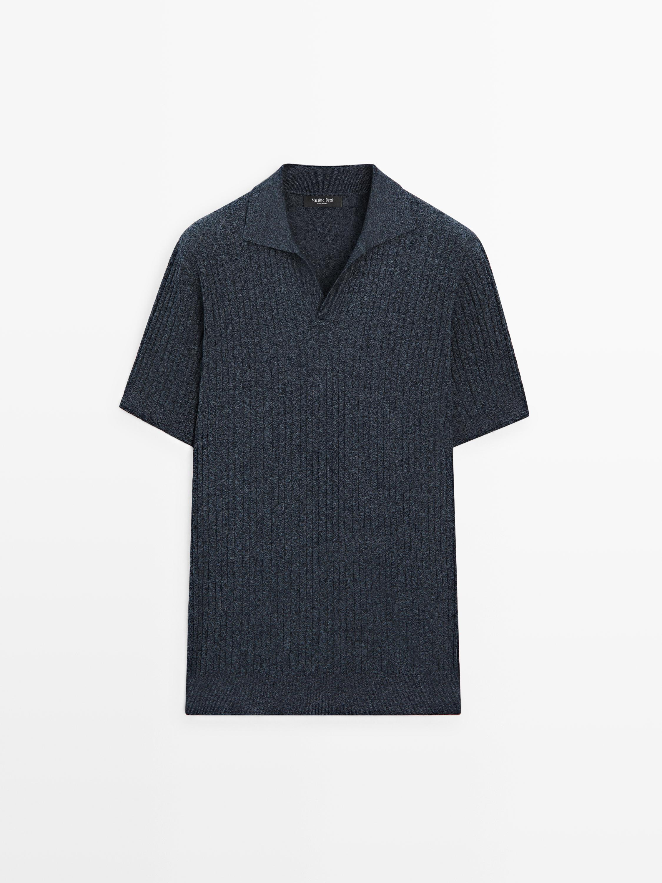 Short sleeve knit polo shirt with cable-knit detail — NAVY BLUE